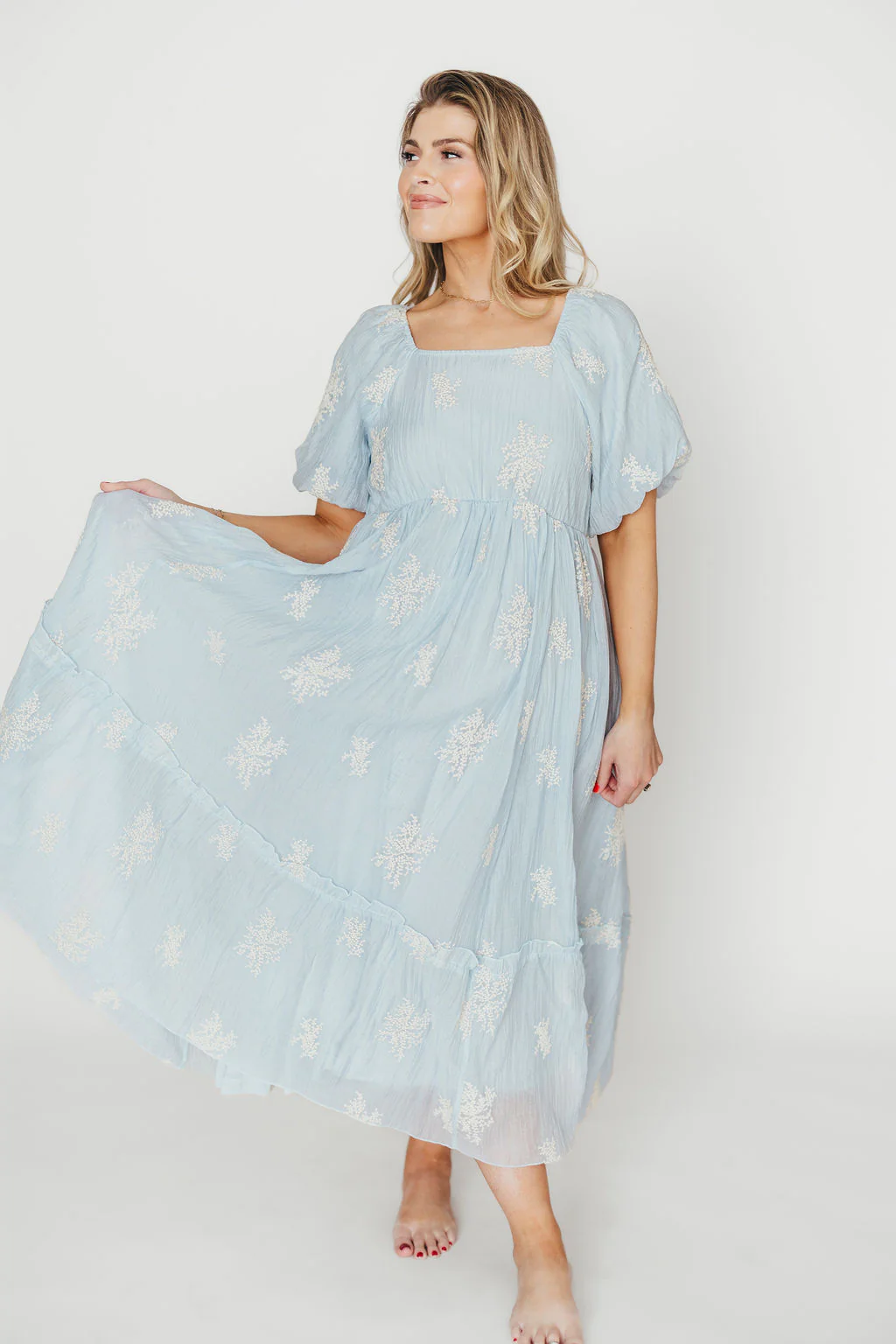 Hallie Embroidered Maxi Dress in Powder Blue - Bump Friendly & Inclusive Sizing (S-3XL) - Fashionser