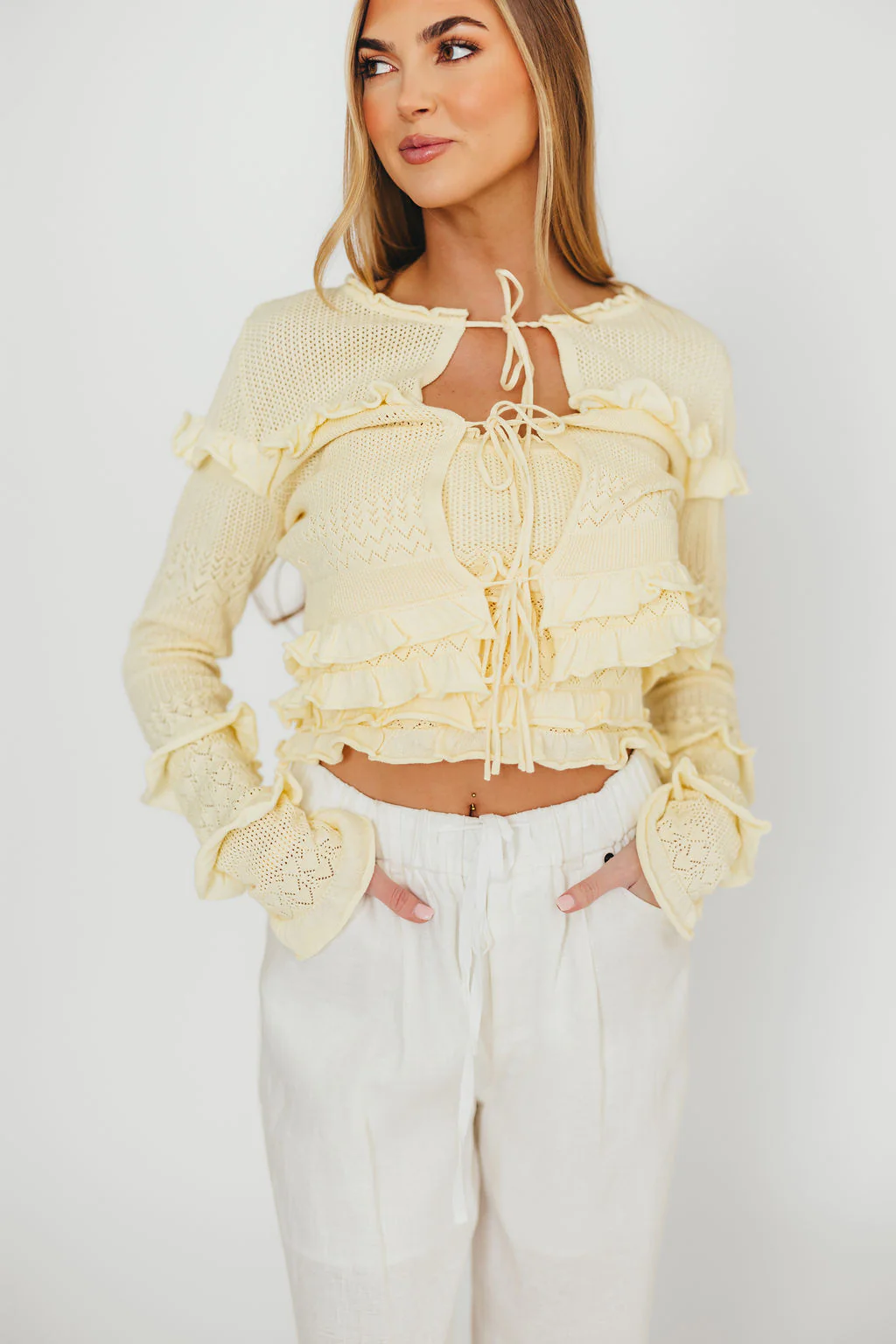 Zayne Cardigan and Strapless Tube Top and Sweater Set in Yellow - Fashionser