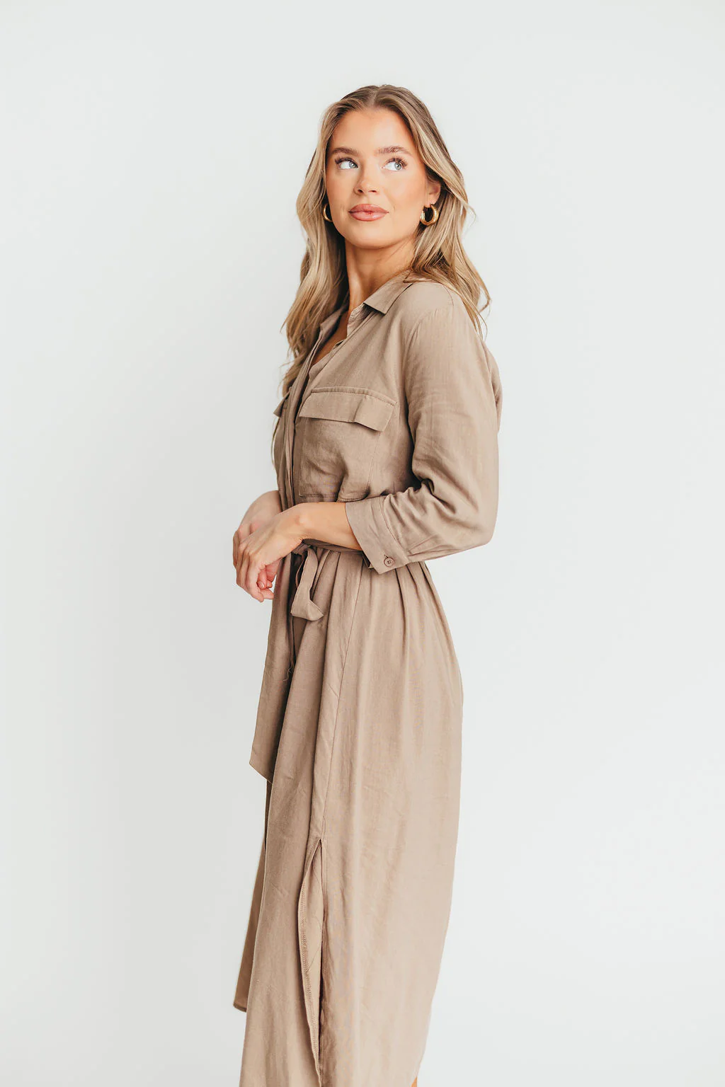 Rhea Belted Maxi Shirt Dress in Stone - Nursing Friendly - Fashionser