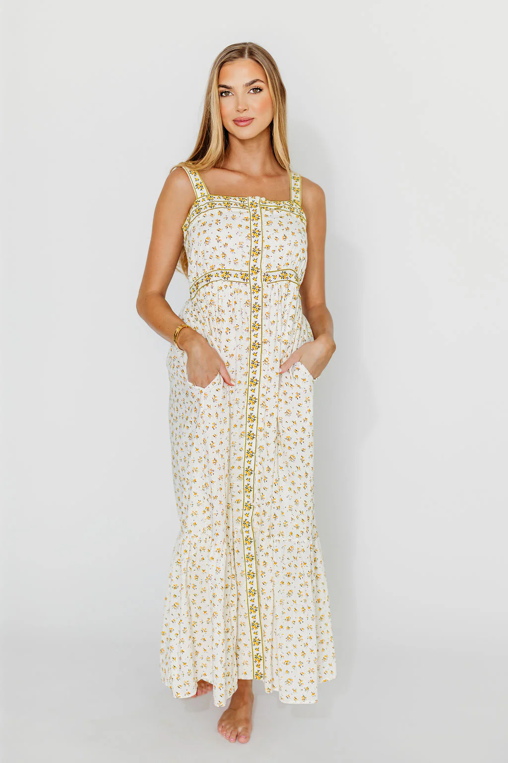 Kenna Cotton Floral Embroidered Maxi In Daffodil - Fashionser