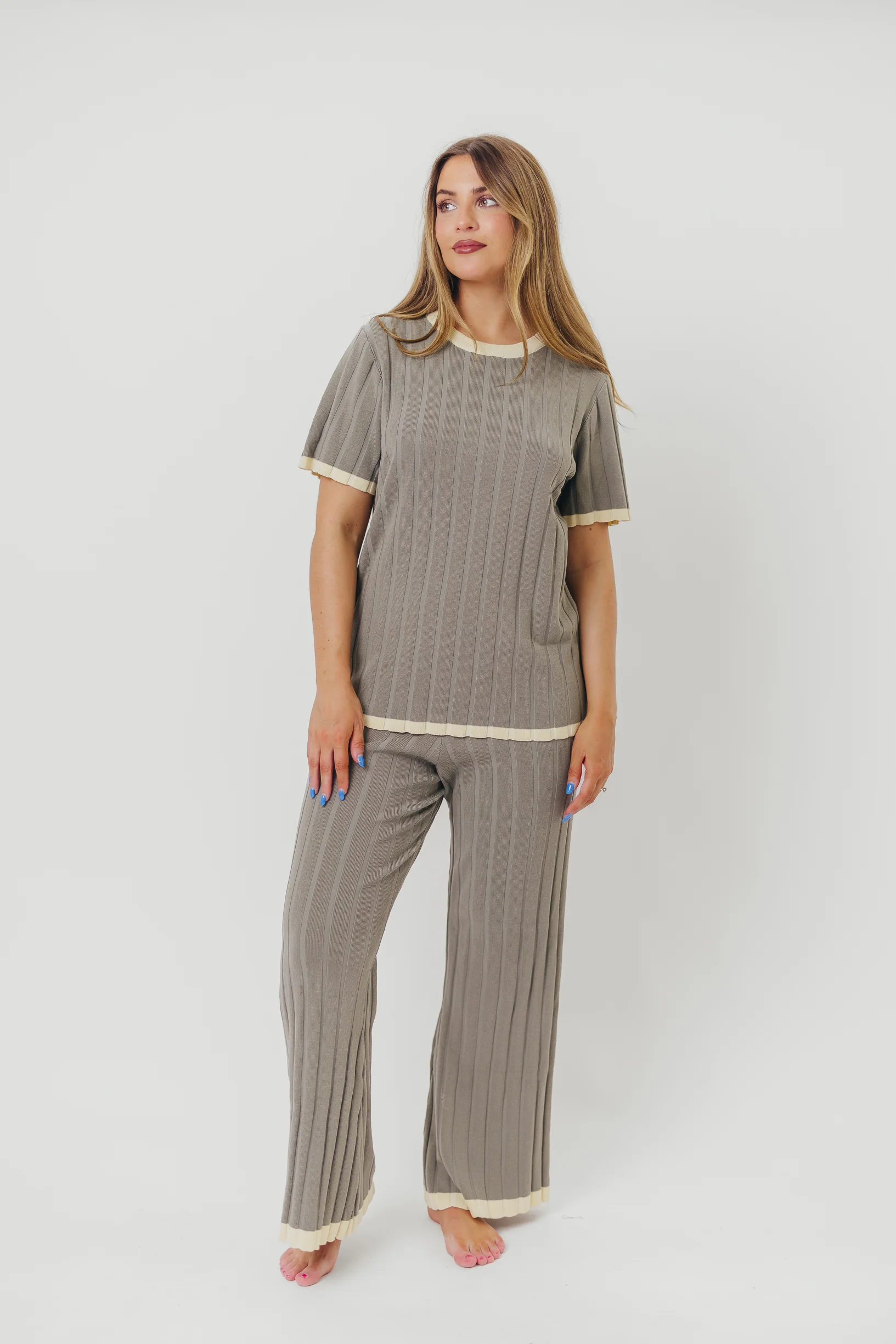 Adele Ribbed Knit Top and Pants Set in Dusty Olive - Fashionser