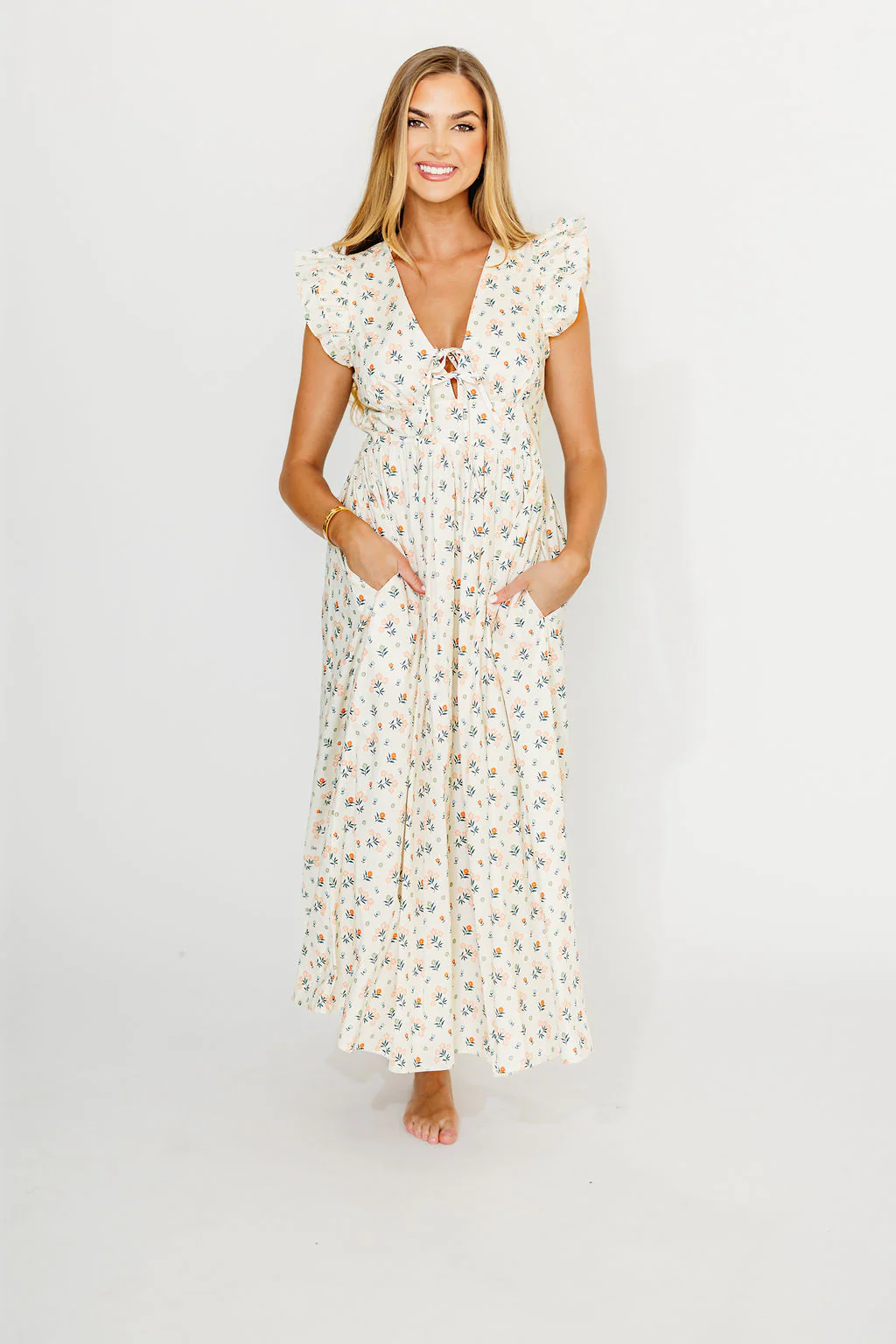 Nicole 100% Cotton Tie Front Ruffle Maxi Dress in Cream Multi Floral - Fashionser