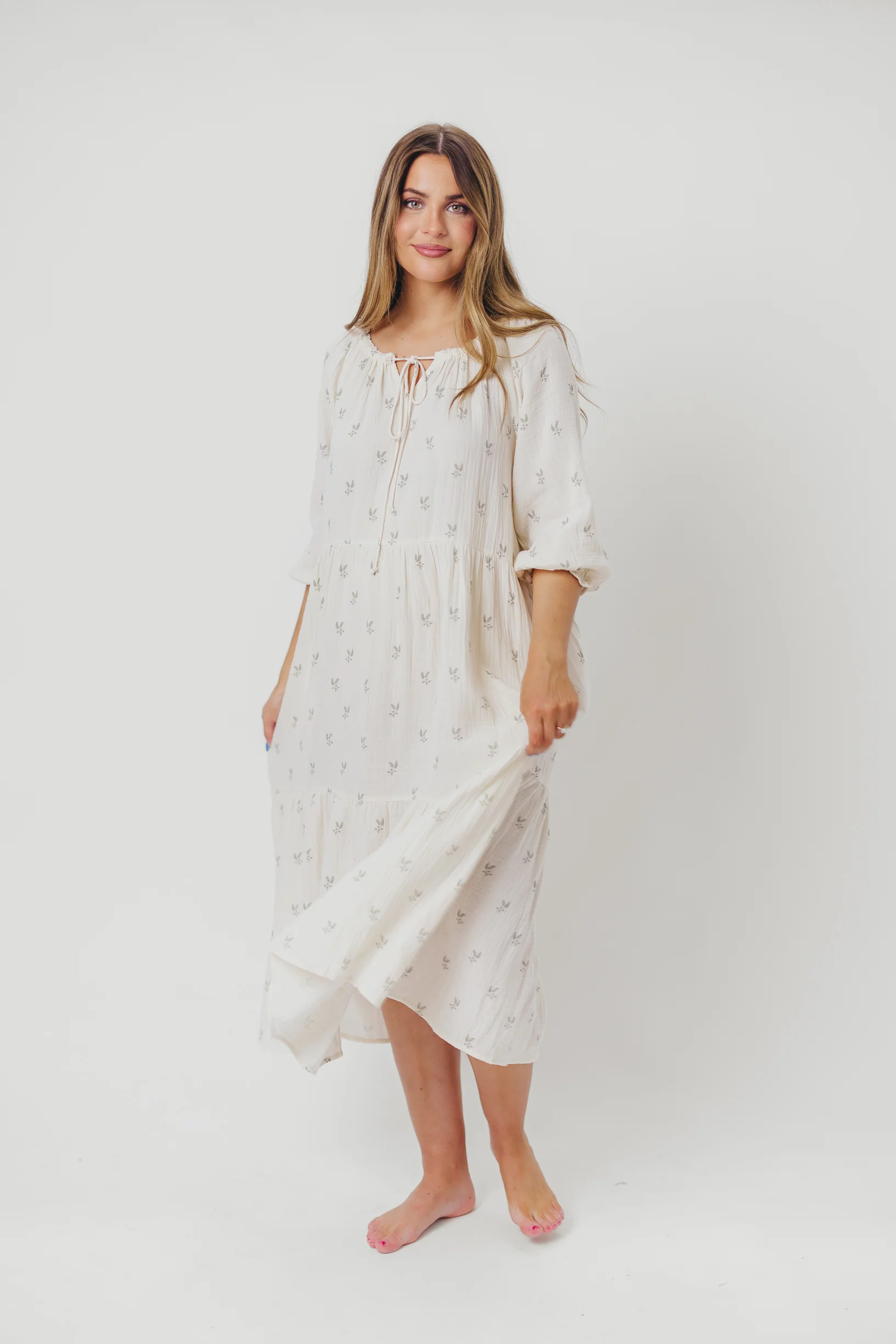 Avery Tiered Linen-Blend Midi Dress in Soy/Sage Foliage - Bump Friendly and Inclusive Sizing - Fashionser