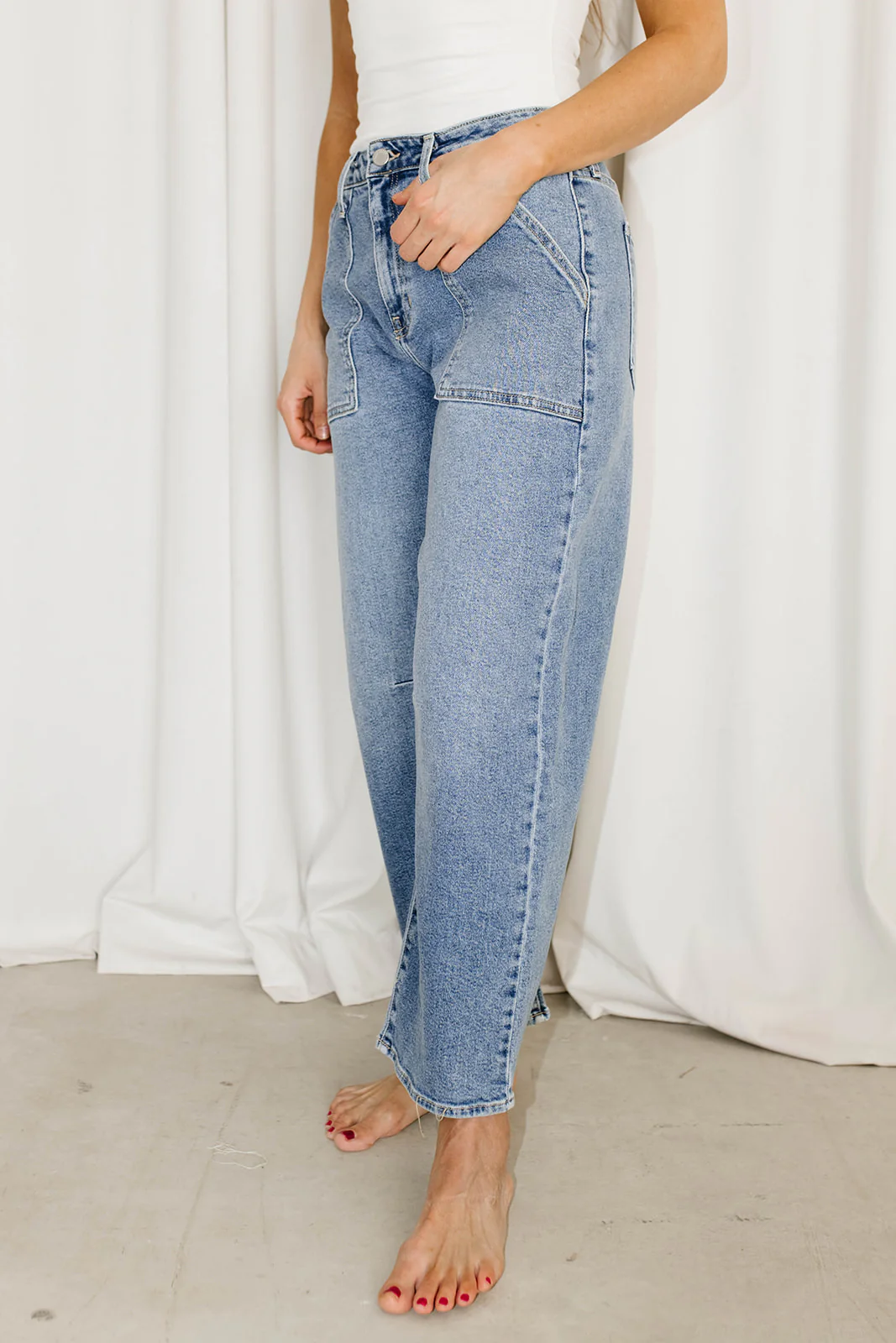 Ayla Utility Barrel Jean in Medium Wash Denim - Fashionser
