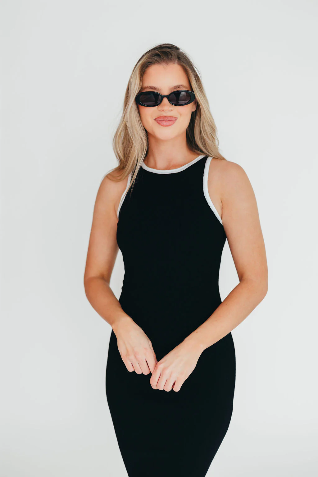 Juliana Contrast Racerback Tank Dress in Black/White - Fashionser