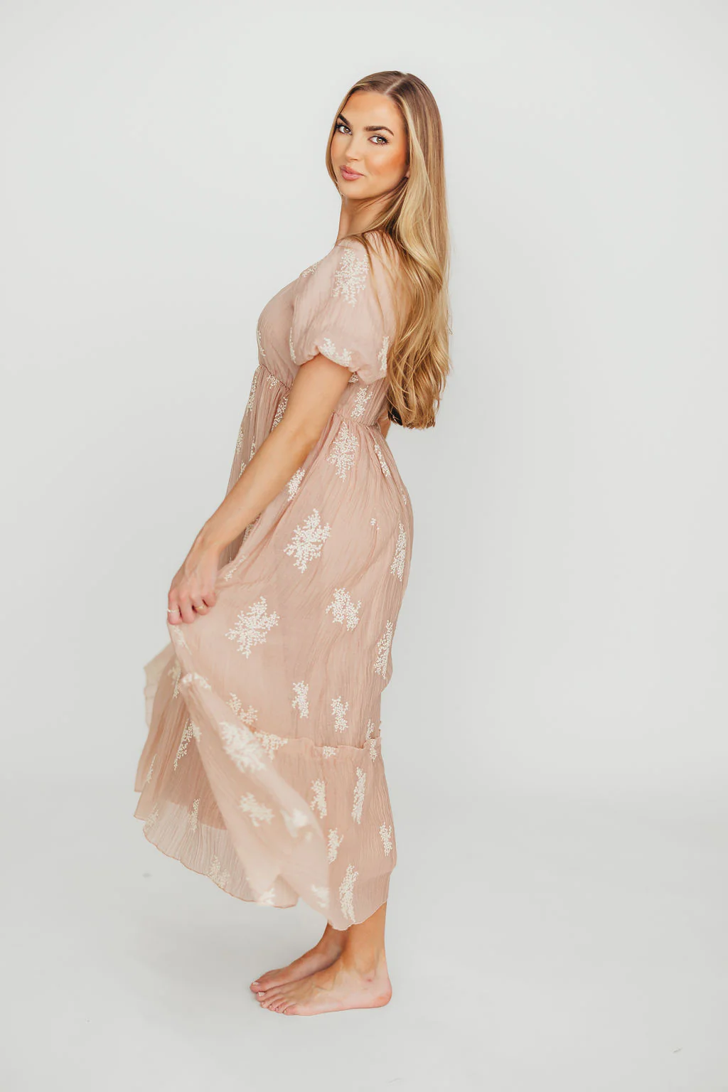 Hallie Embroidered Maxi Dress in Blush - Bump Friendly & Inclusive Sizing (S-3XL) - Fashionser