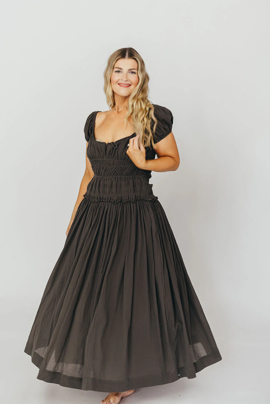 Aria Smocked Maxi Dress with Dropped Waist in Olive - Fashionser