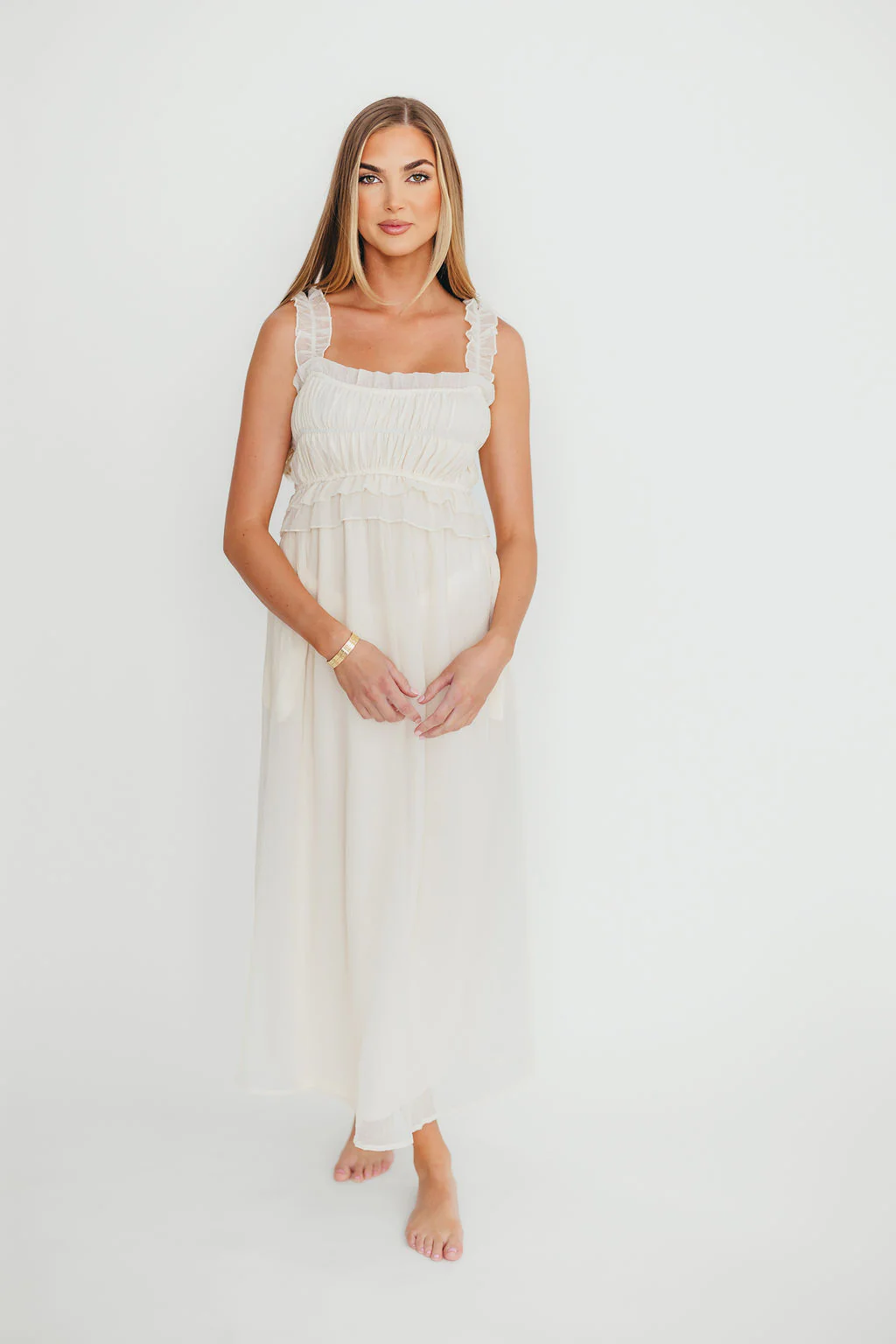 Demi Ruffle Midi Dress in Ecru - Fashionser