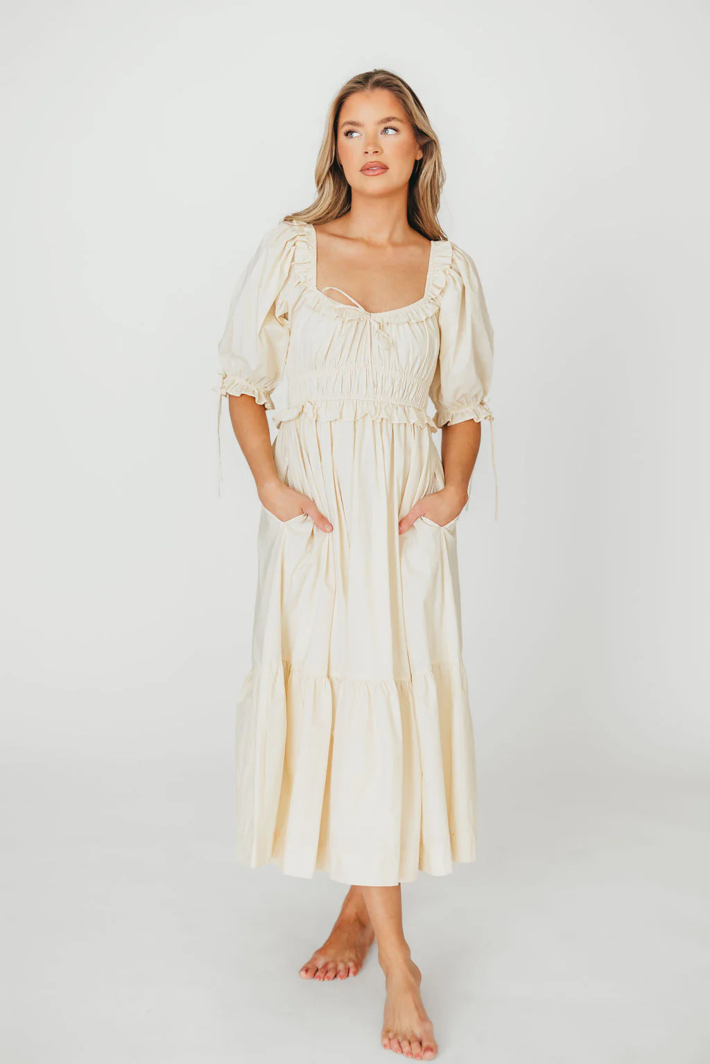 100% Cotton Crissy Ruched Midi Dress in Cream - Bump Friendly - Fashionser