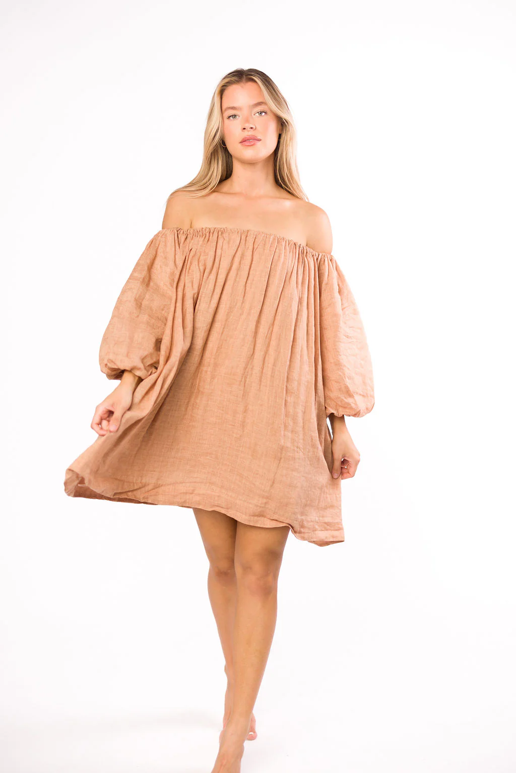 Cassidy 100% Linen On/Off Shoulder Mini Dress in Mocha - Fashionser