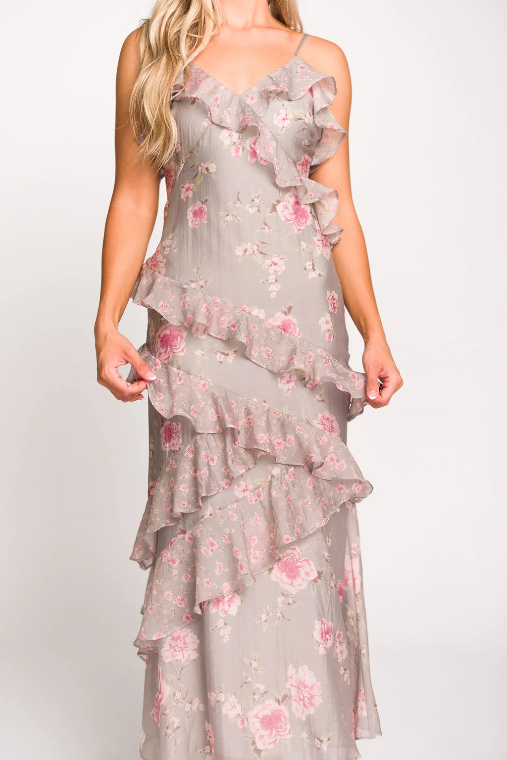 Amelia Ruffle Maxi Dress in Grey/Pink Floral - Fashionser