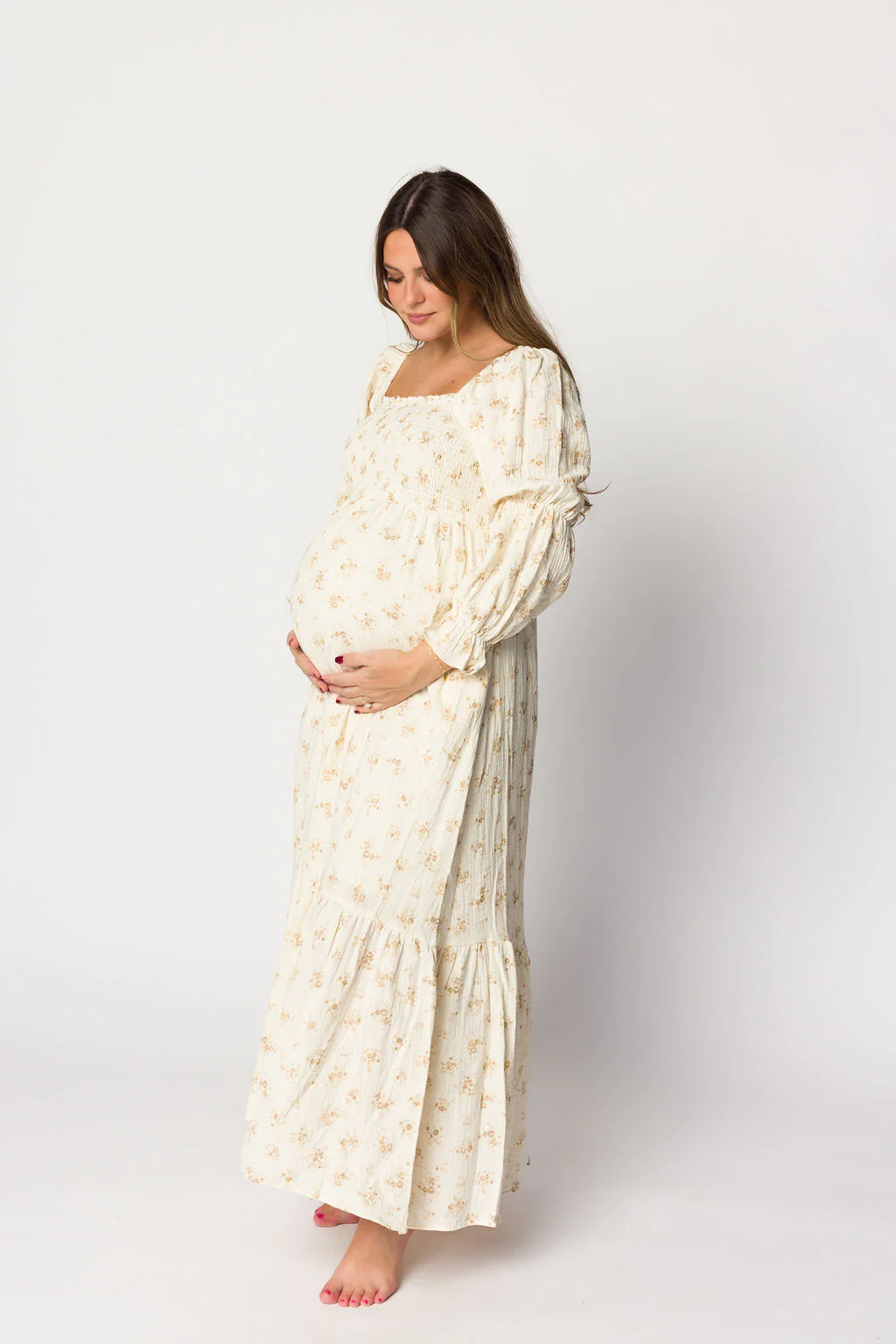 Emerson Smocked Gauze Maxi Dress with Long Sleeves in Natural - Bump Friendly - Fashionser