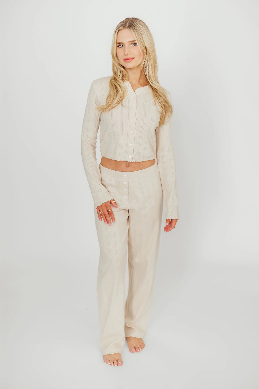 Miller 100% Cotton Pointelle Pants in Cream - Fashionser
