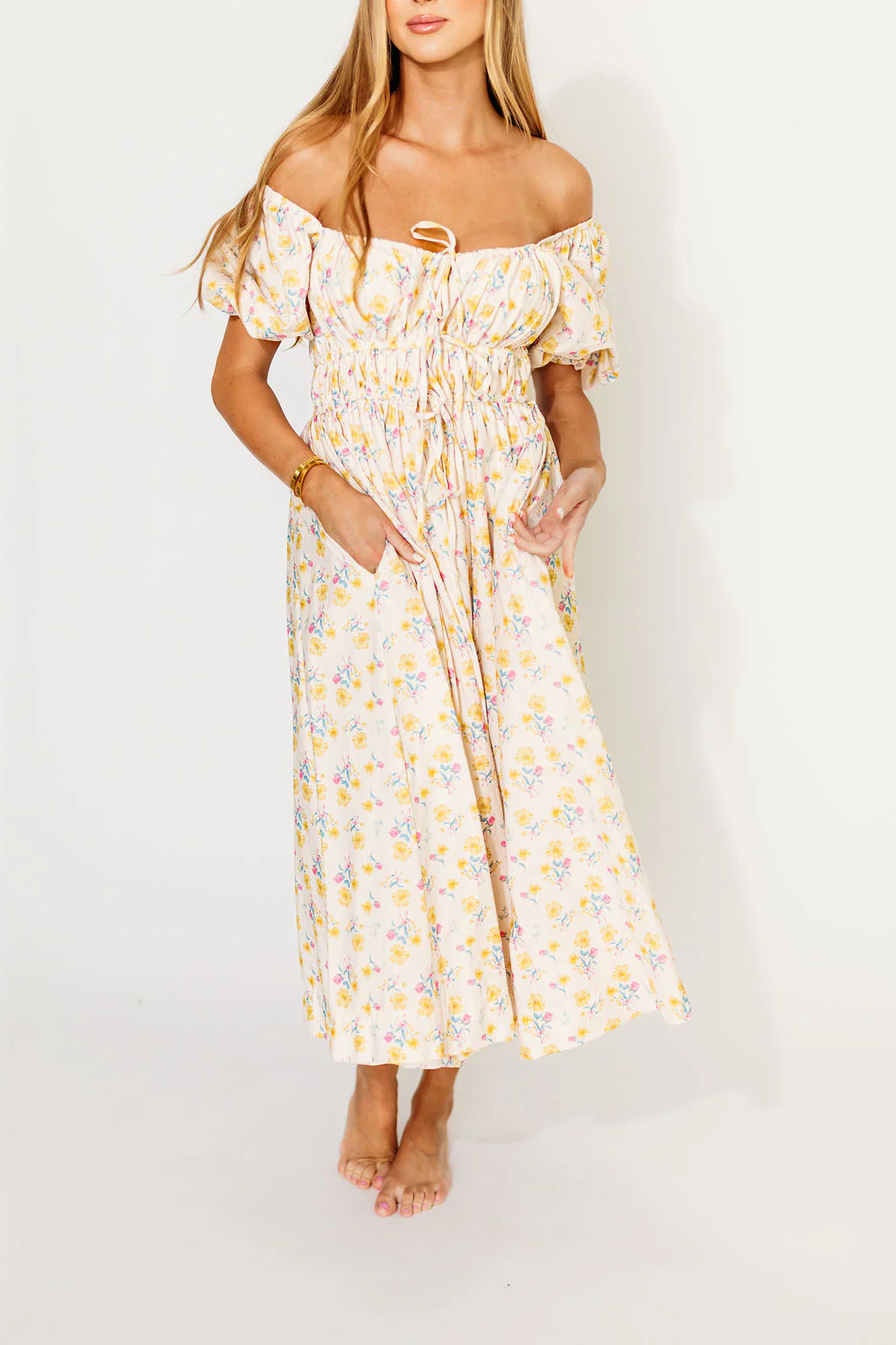 Kimber Midi Dress with Drawstring Detail in Yellow Floral - Fashionser