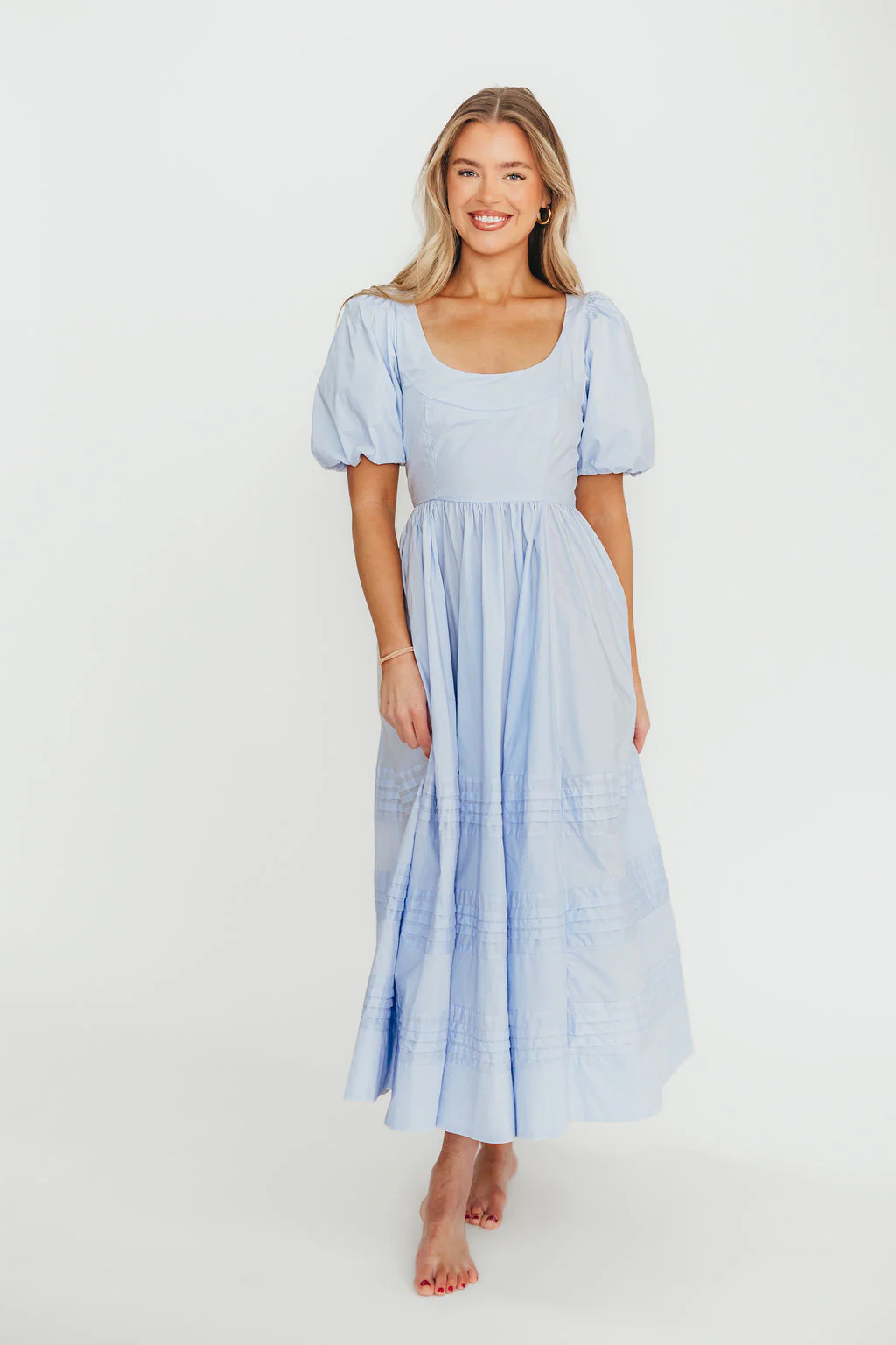 Milana 100% Cotton Puffed Sleeve Midi Dress in Baby Blue - Fashionser