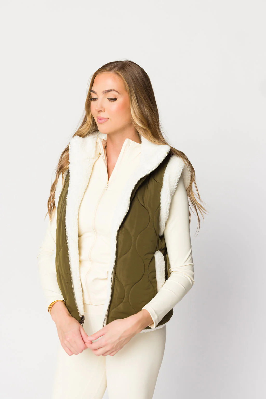 Dani Reversible Vest in Whisper White/Olive - Fashionser