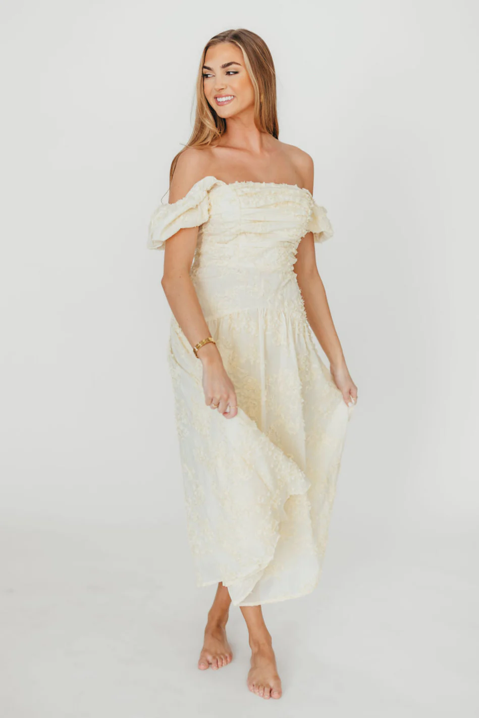 Gracie Embellished Midi Dress in Butter - Fashionser