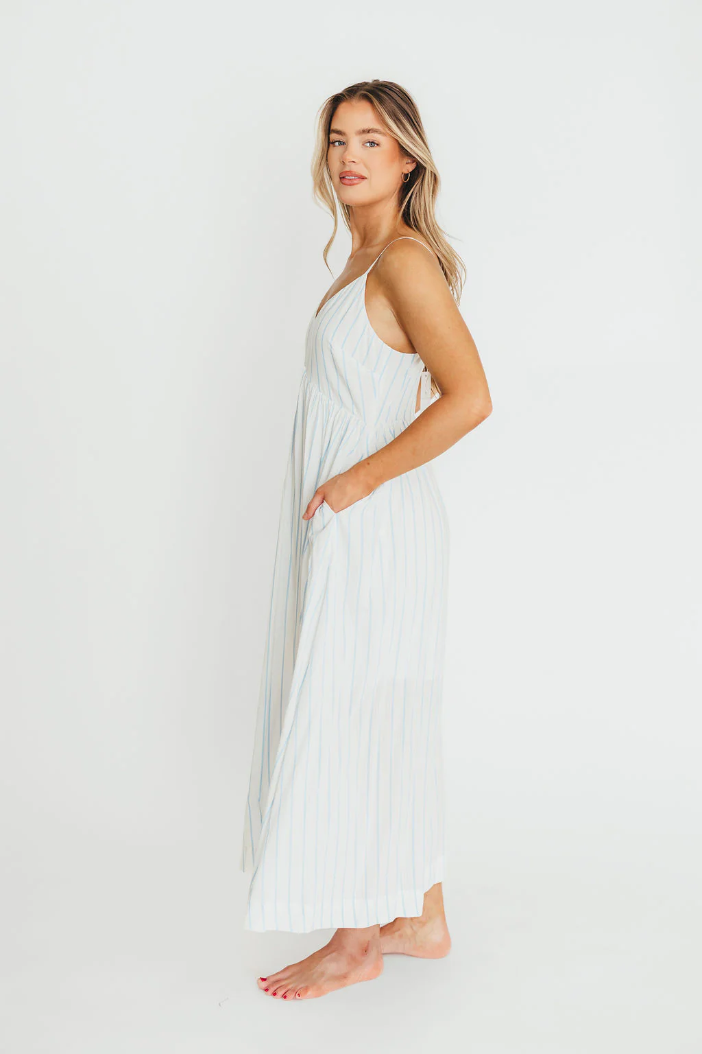 Genesis Stripe Midi Dress in White/Blue - Fashionser