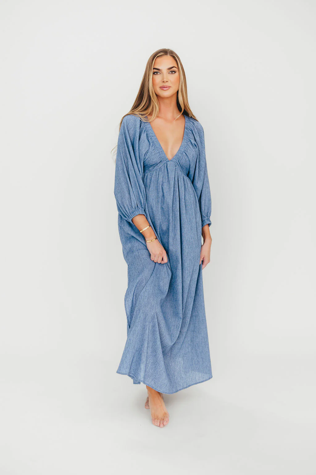 Finn V-Neck Midi Dress in Blue - Fashionser