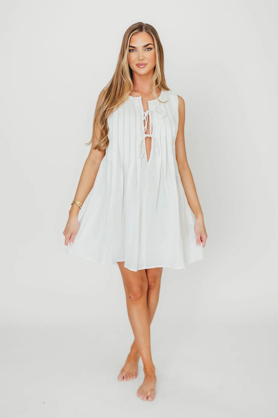 Nessa Tie Mini Dress Woven in Off White 100% Linen - Fashionser