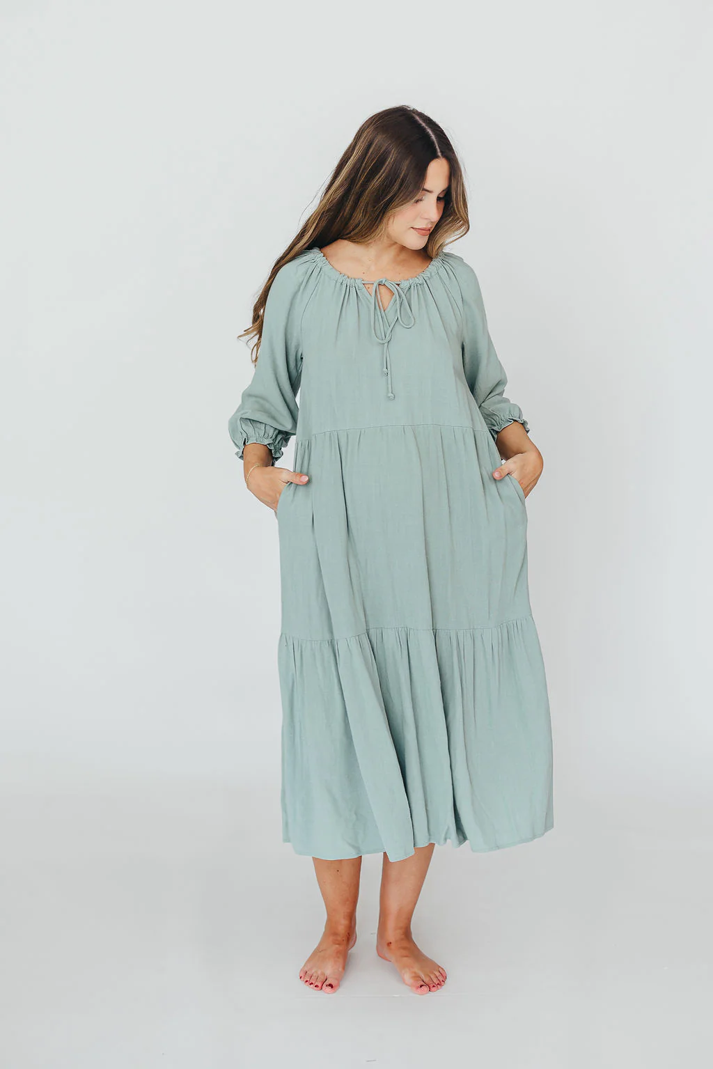 Avery Tiered Linen-Blend Midi Dress in Sage - Bump Friendly and Inclusive Sizing - Fashionser