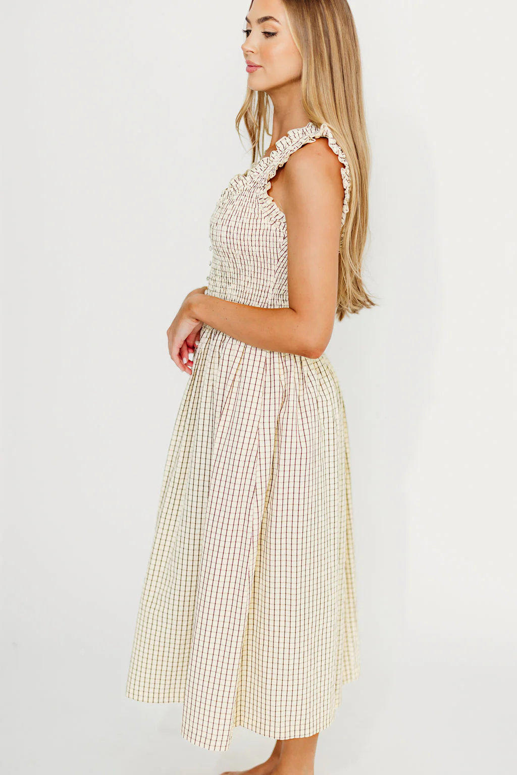 Ramona Plaid Smocked Midi Dress in Cream - Fashionser