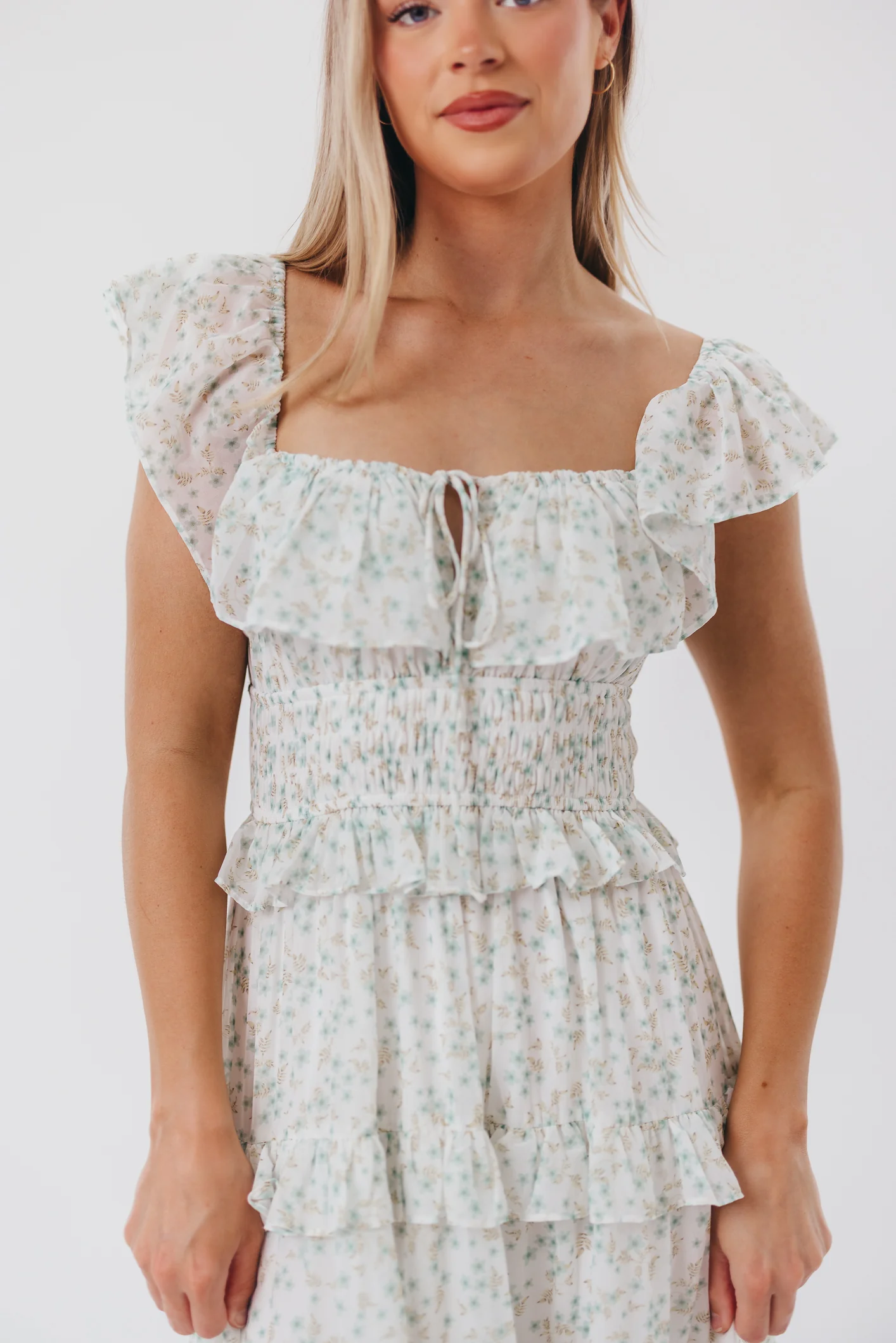 Astrid Ruffle Detail Maxi Dress in Sage Floral - Bump Friendly - Restocking End of April - Fashionser