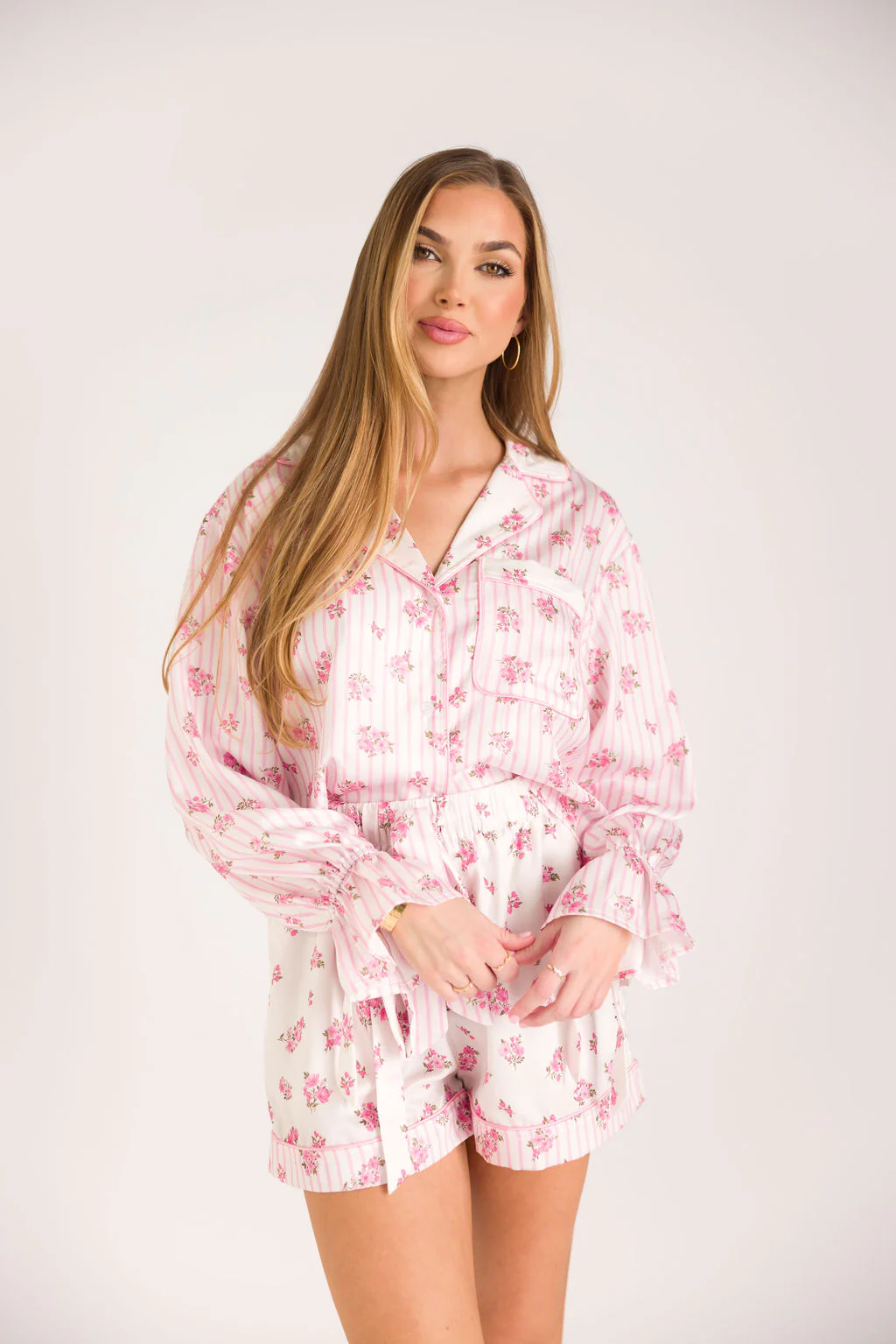 Lottie Satin Pajama Set in White/Pink Floral and Stripes - Fashionser