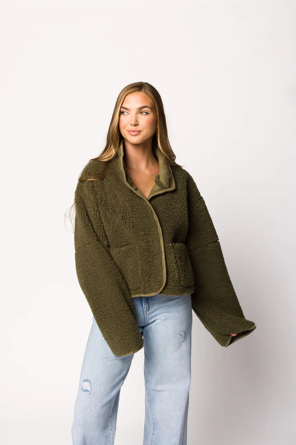 Abby Sherpa and Suede Reversible Jacket in Olive - Fashionser