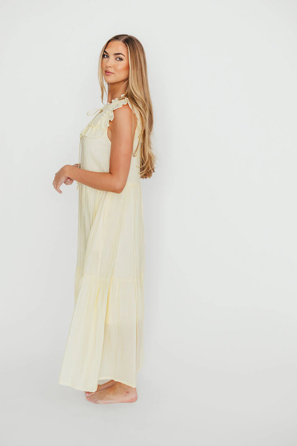 Brynn Ruffle Tiered Midi Dress in Ecru - Fashionser