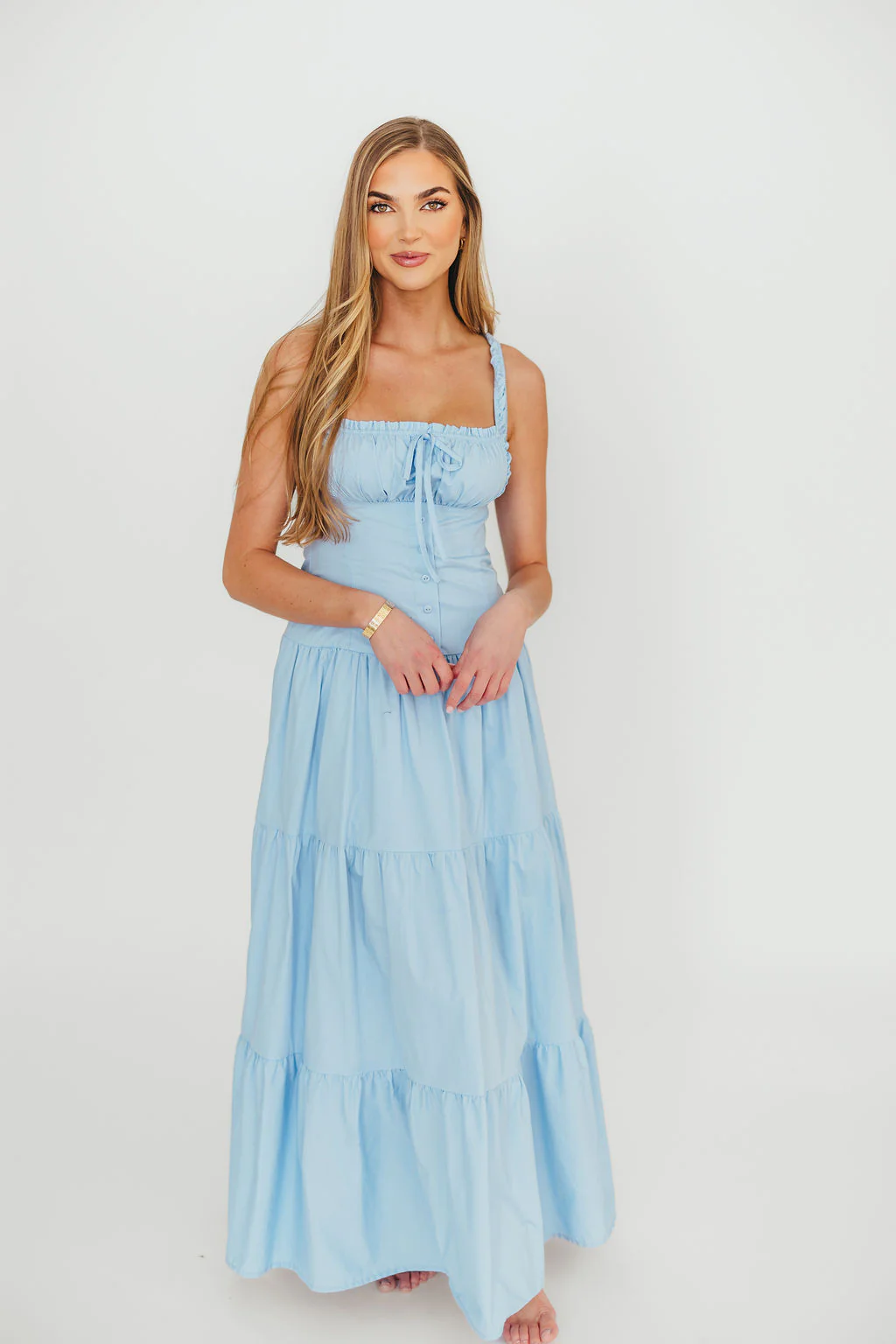 Sutton Corset Button Down Tiered Maxi Dress in Light Blue - Fashionser