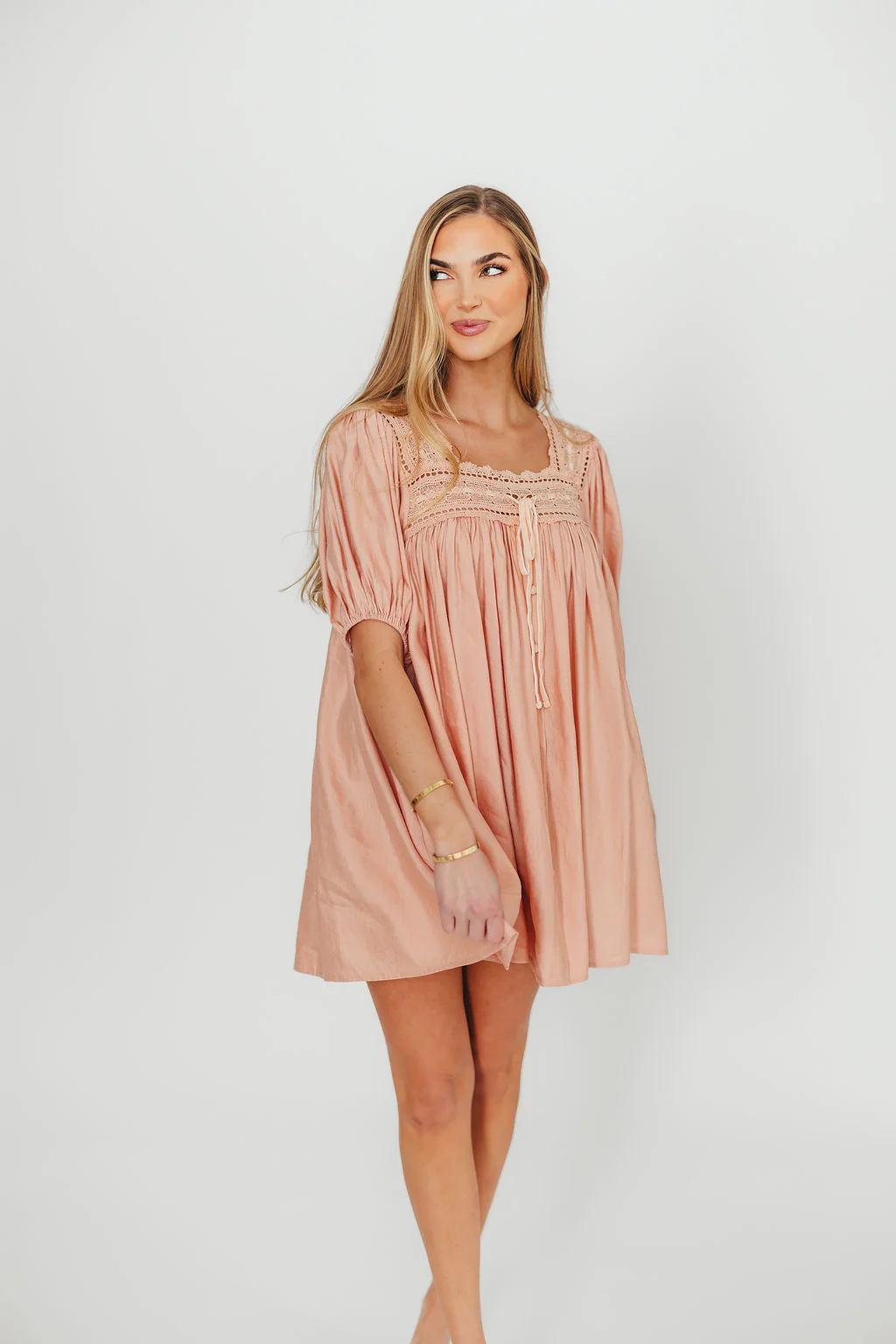 Dottie Lace Trim Linen-Blend Mini Dress in Blush - Fashionser