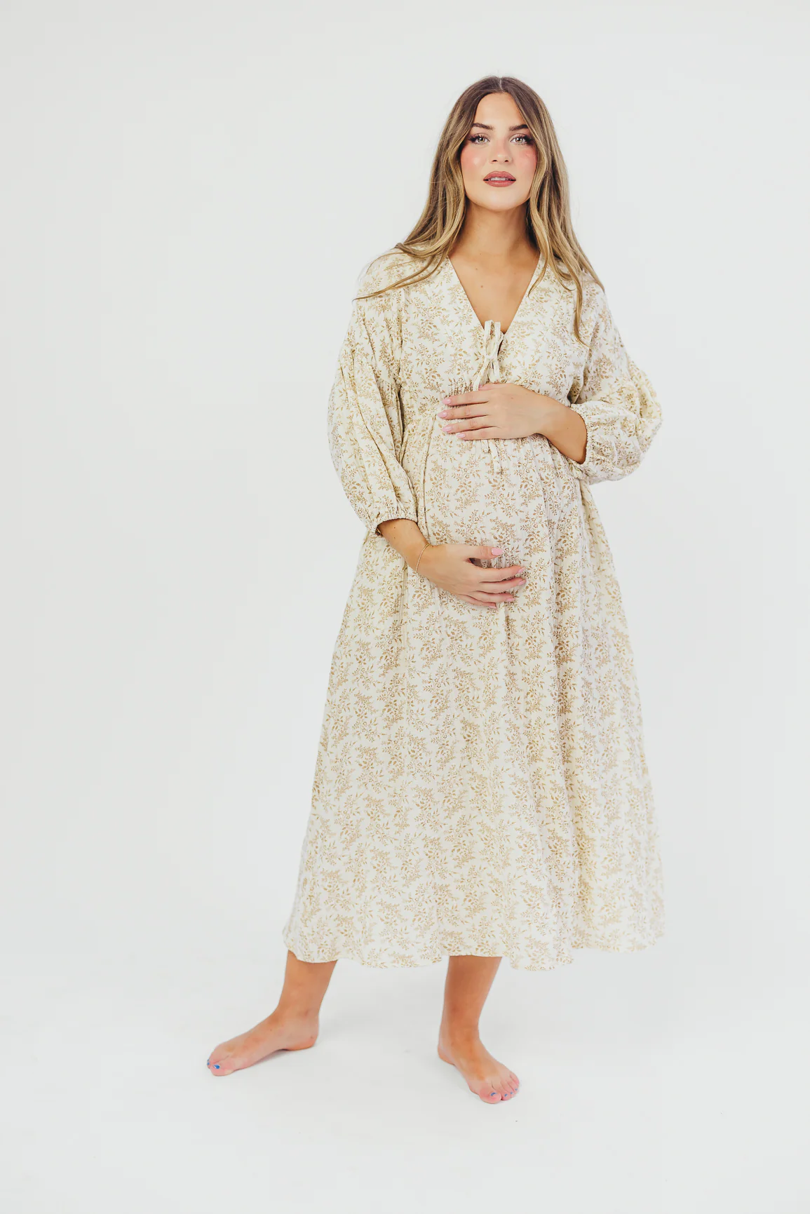 Hunter 100% Cotton Gauze Midi Dress in Natural/Tan Floral - Bump Friendly and Inclusive Sizing - Fashionser