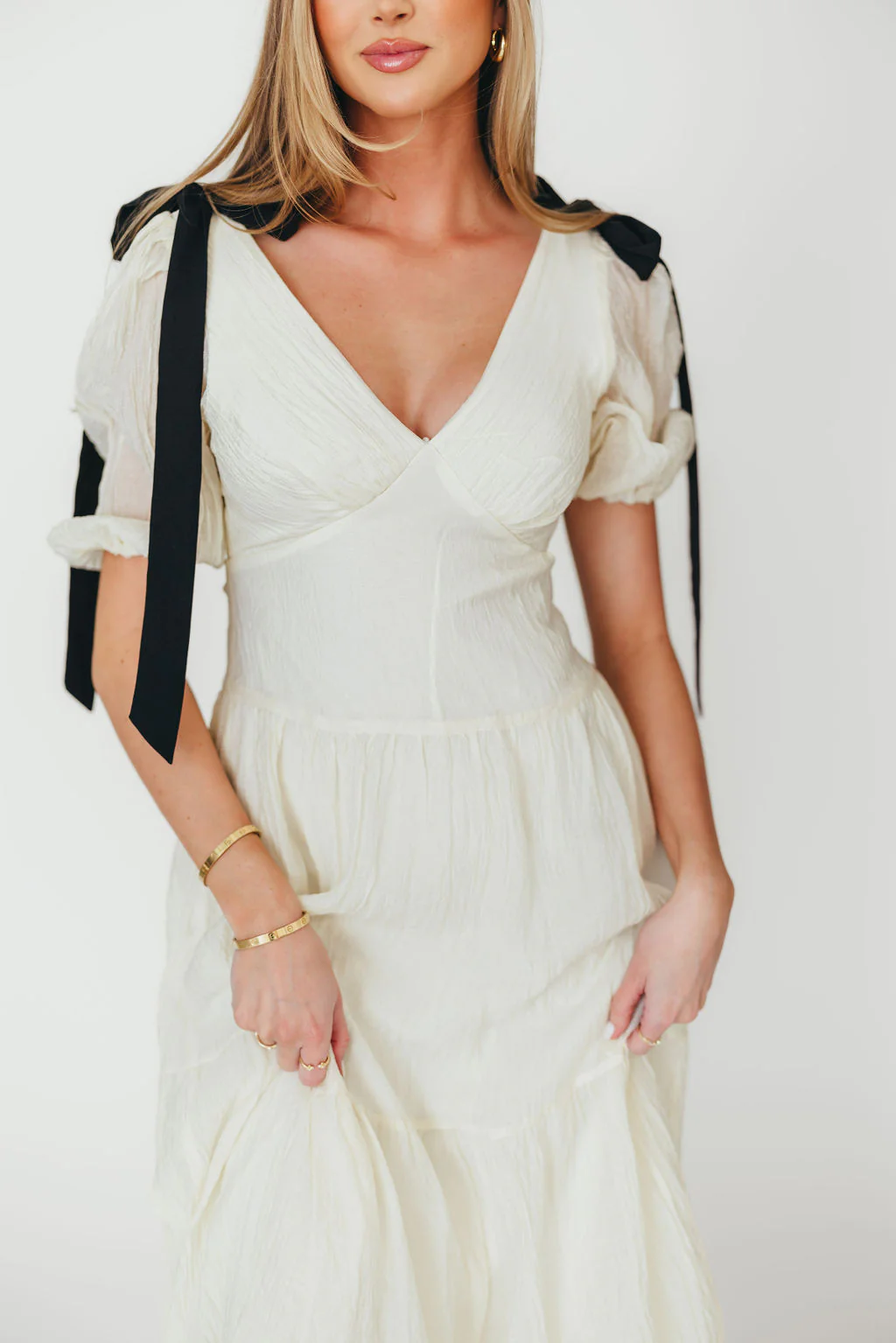 Iris Puffy Sleeve with Bows Maxi Dress in Cream - Fashionser