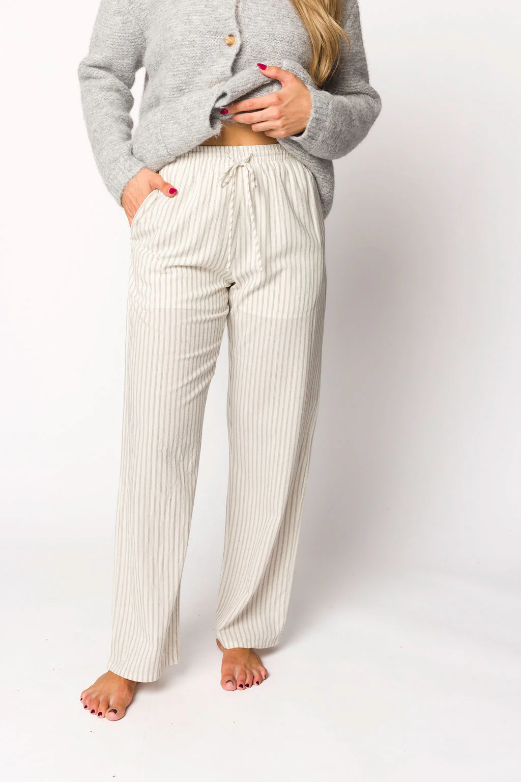 Julie Striped Cotton Pants in Ivory/Black - Fashionser