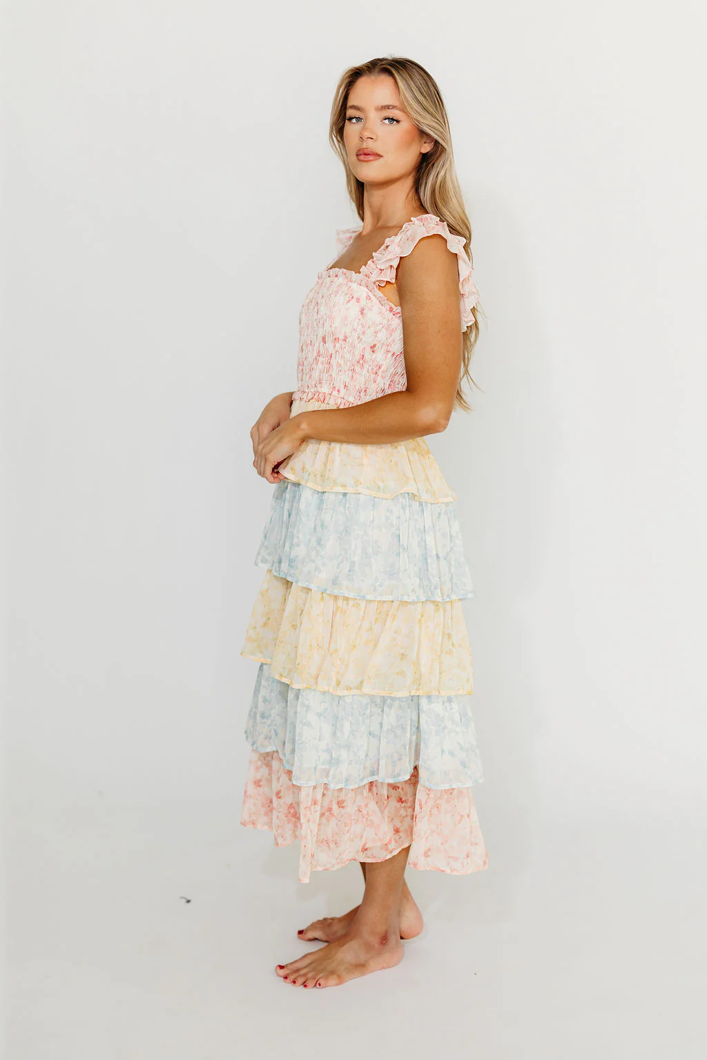 Myla Ruffle Tiered Midi Dress in Pink Multi - Fashionser