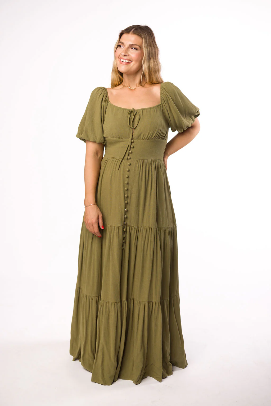 Genevieve Tiered Maxi Dress in Olive - Fashionser