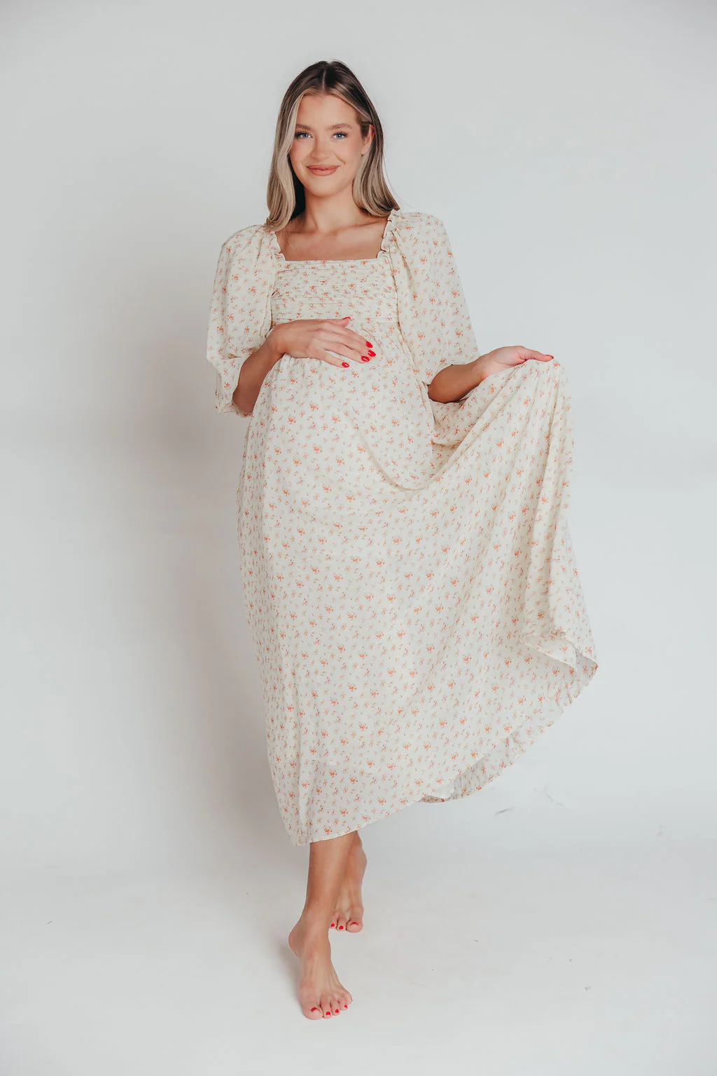 Melody Maxi Dress with Pleats and Bow Detail in Ivory Floral- Bump Friendly & Inclusive Sizing (S-3XL) - Fashionser