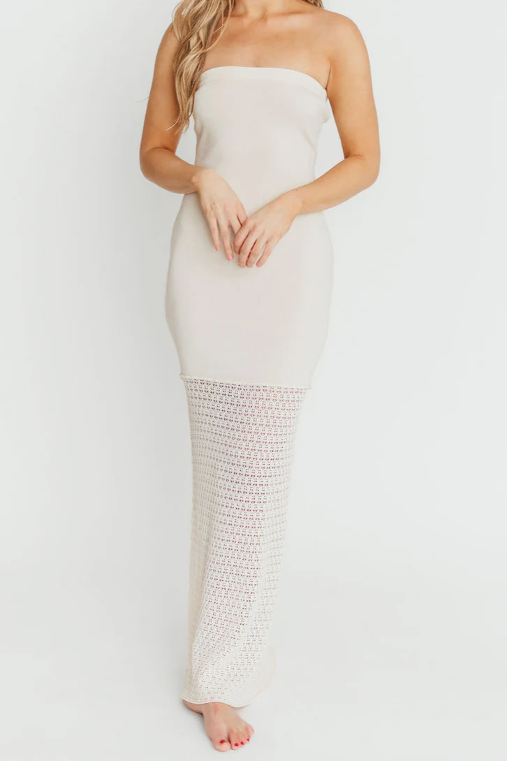 Arya Crochet Bottom Midi Dress in Cream - Fashionser
