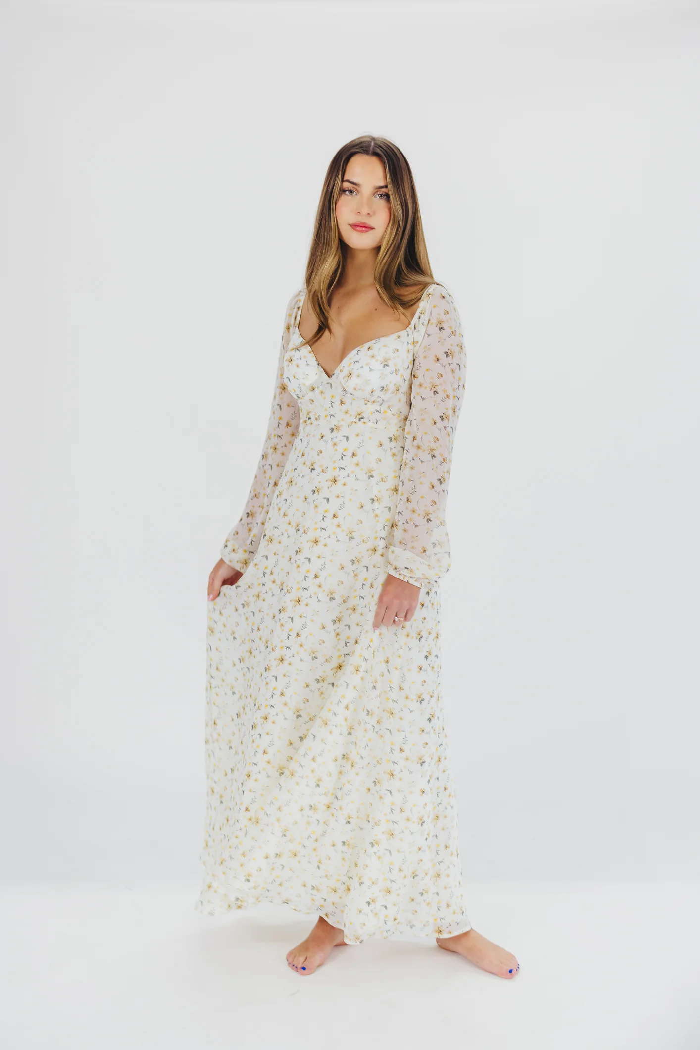 Parker Smocked Maxi Dress with Puffed Sleeves in Ivory/Yellow - Bump Friendly & Inclusive Sizing (S-3XL) - Fashionser