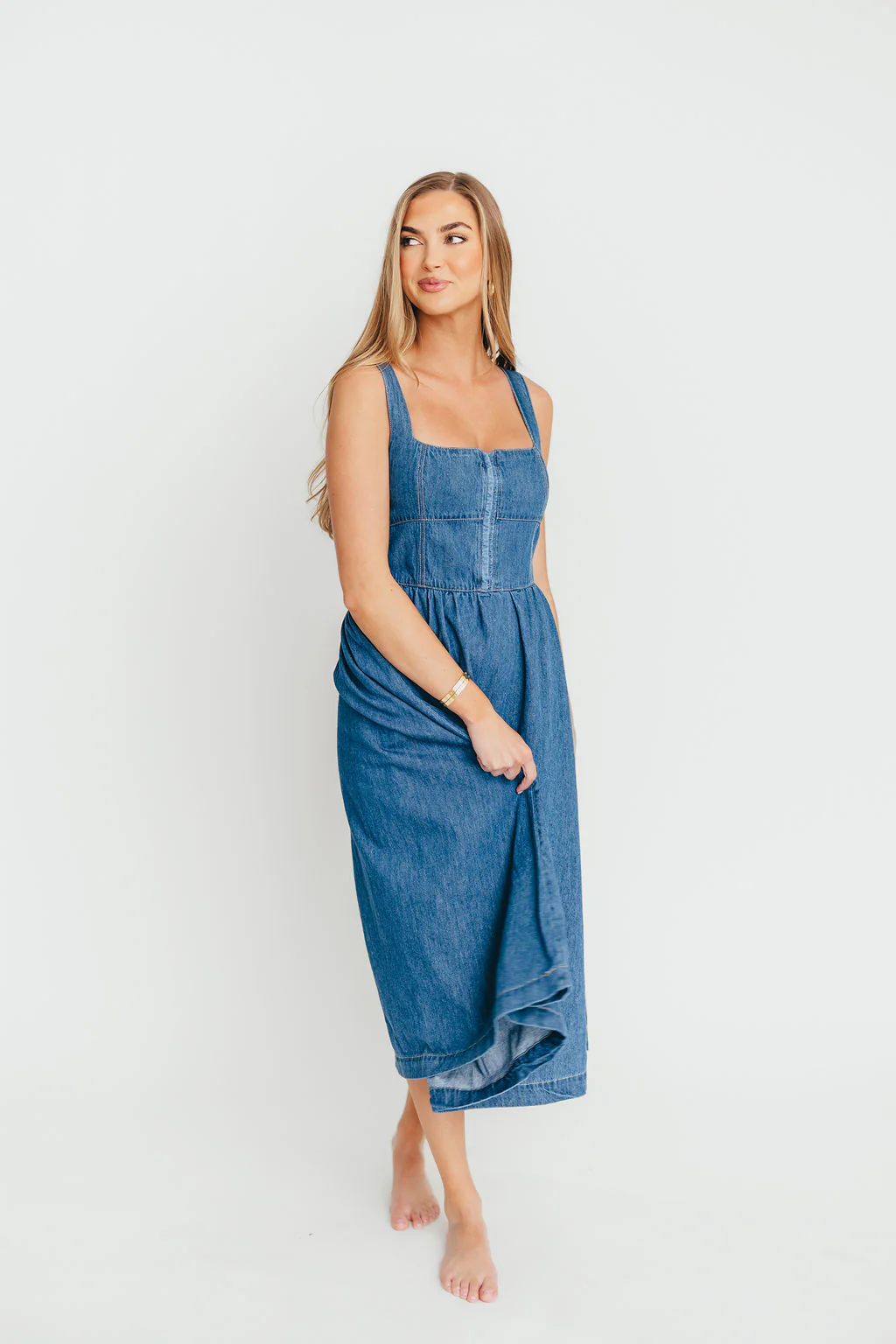 Frankie 100% Cotton Bustier Midi Dress in Denim - Fashionser