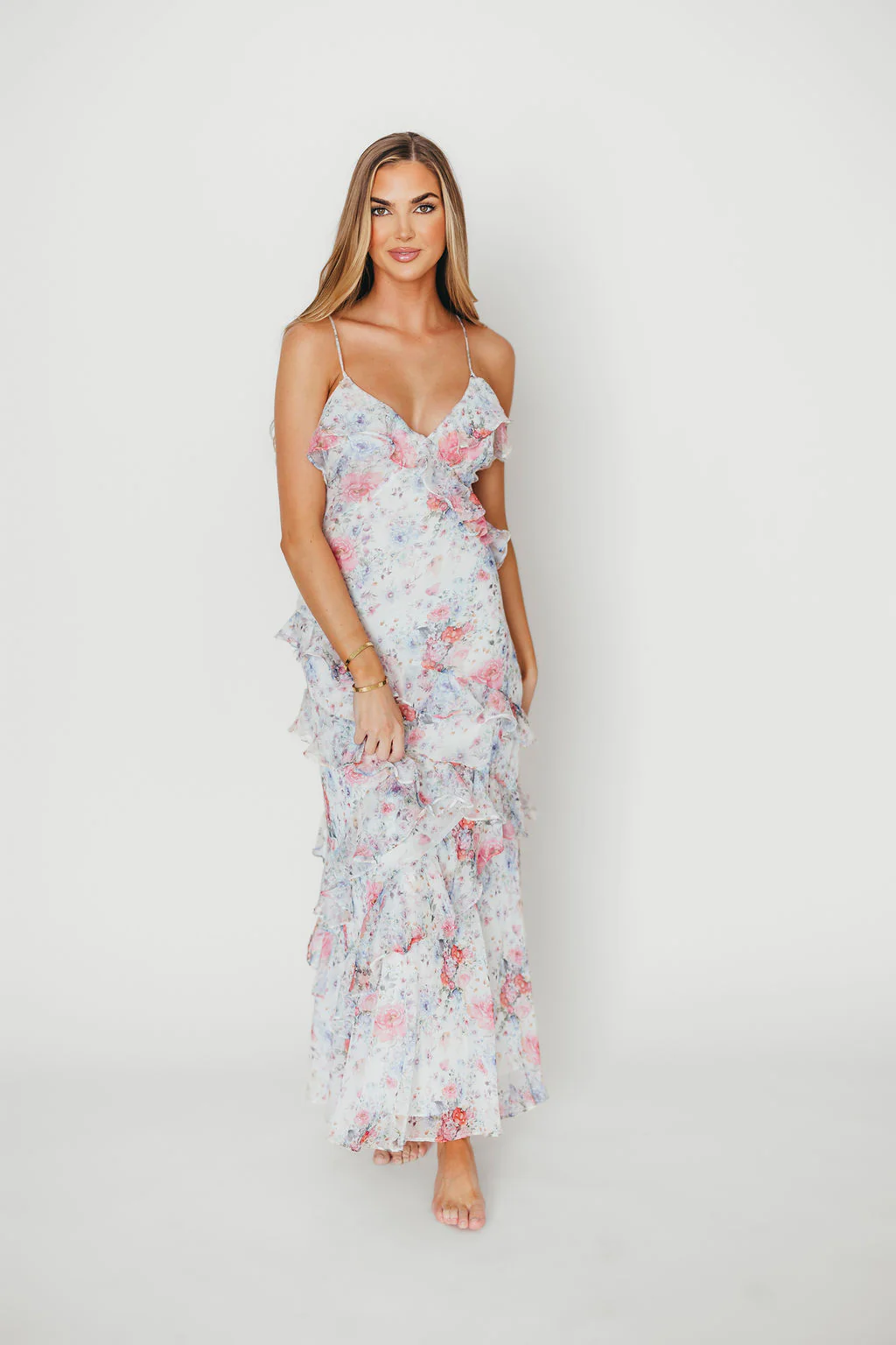 Amelia Ruffle Maxi Dress in White/Multi Floral - Fashionser