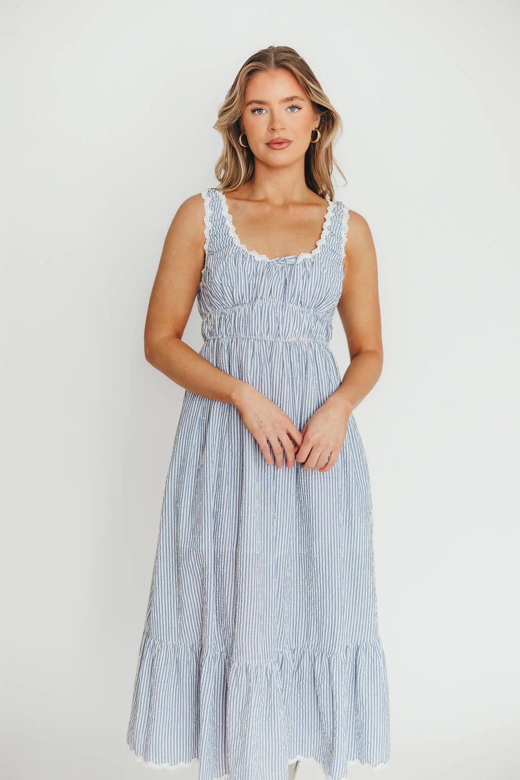 Beverly 100% Cotton Dress in Blue Stripe - Fashionser