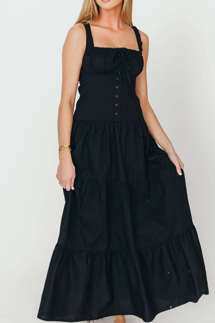 Sutton Corset Button Down Tiered Maxi Dress in Black - Fashionser