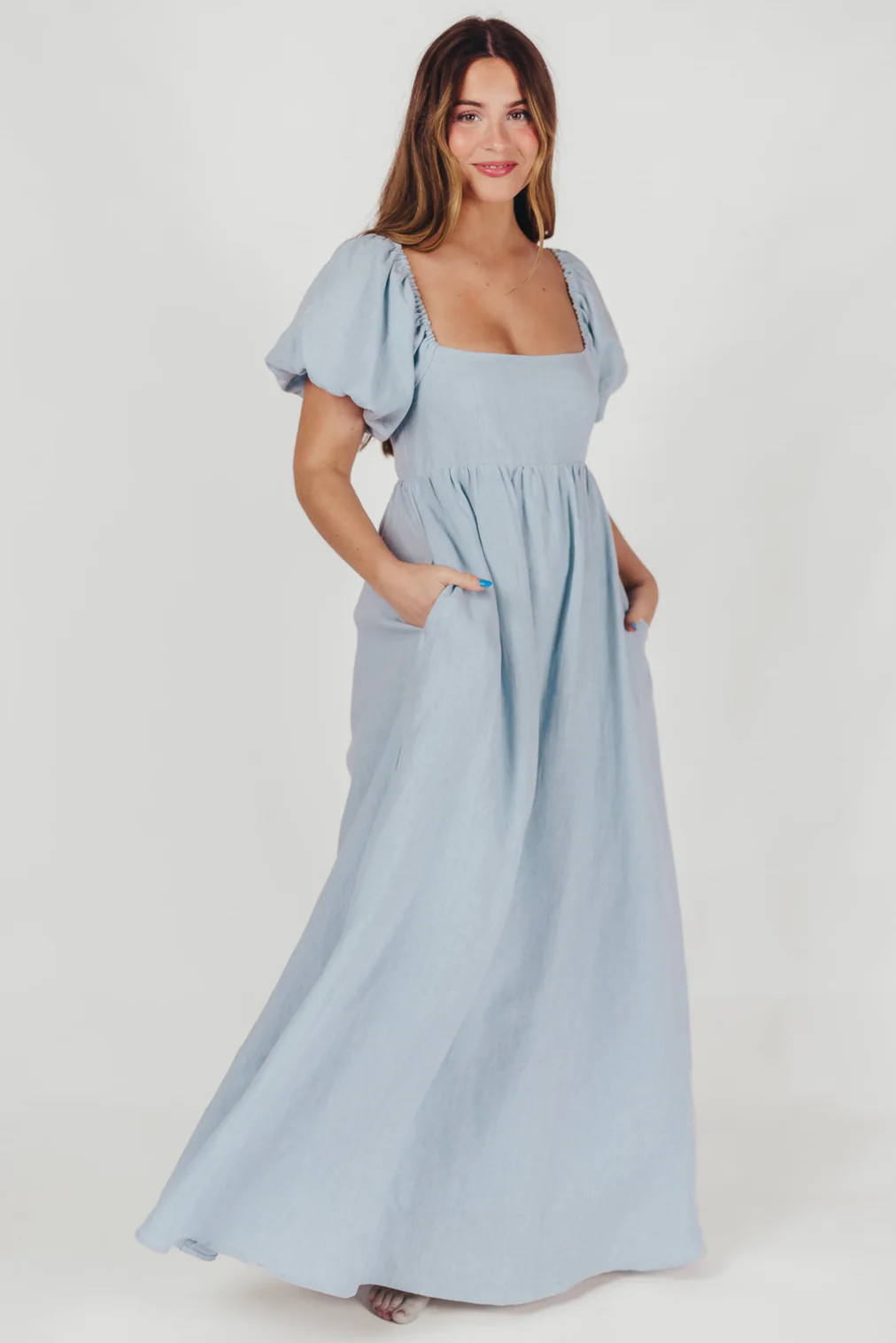 Candace Maxi Dress in Light Blue - 100% Linen - Bump Friendly (Low Stock) - Fashionser