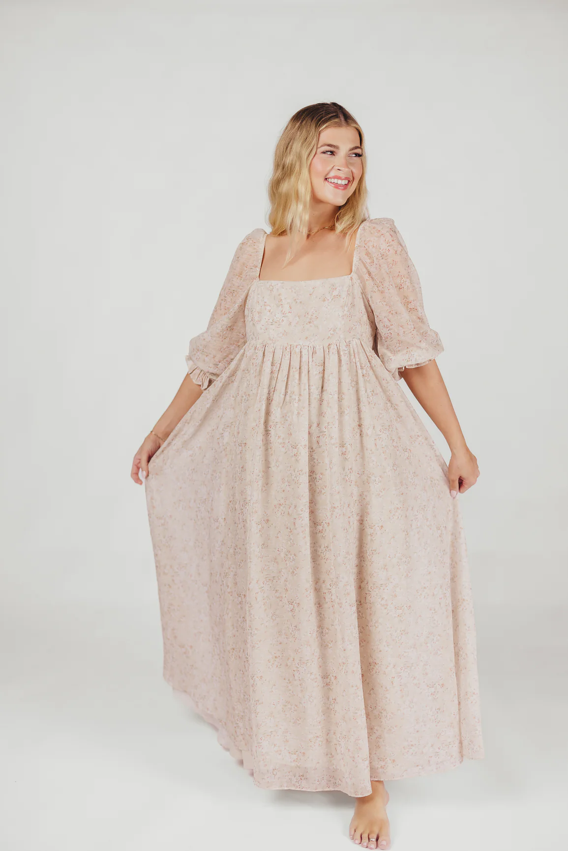 *New* Mona Maxi Dress with Smocking in Beige Floral - Bump Friendly & Inclusive Sizing (S-3XL) - Fashionser