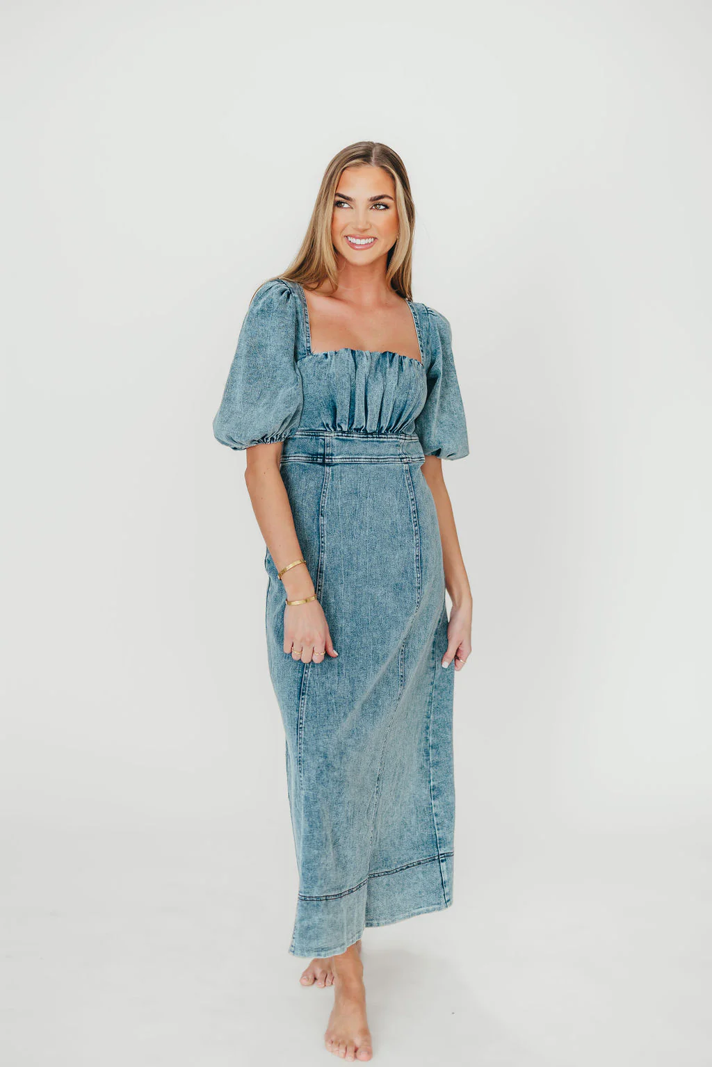 Cora Balloon Sleeve Denim Maxi Dress - Fashionser
