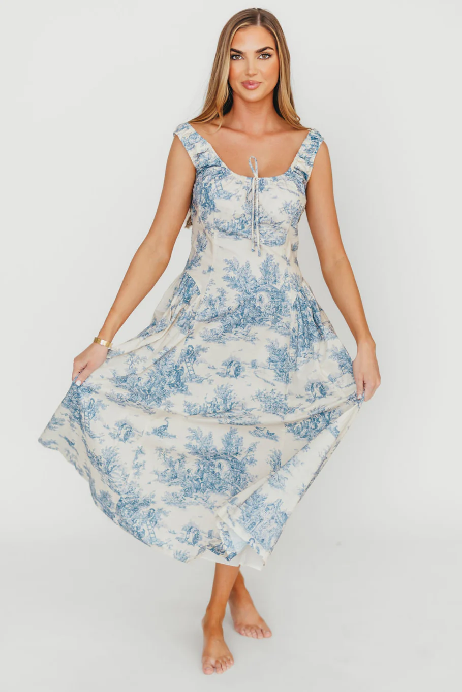 Skyla 100% Cotton Toile Midi Dress with Tie in Blue - Fashionser