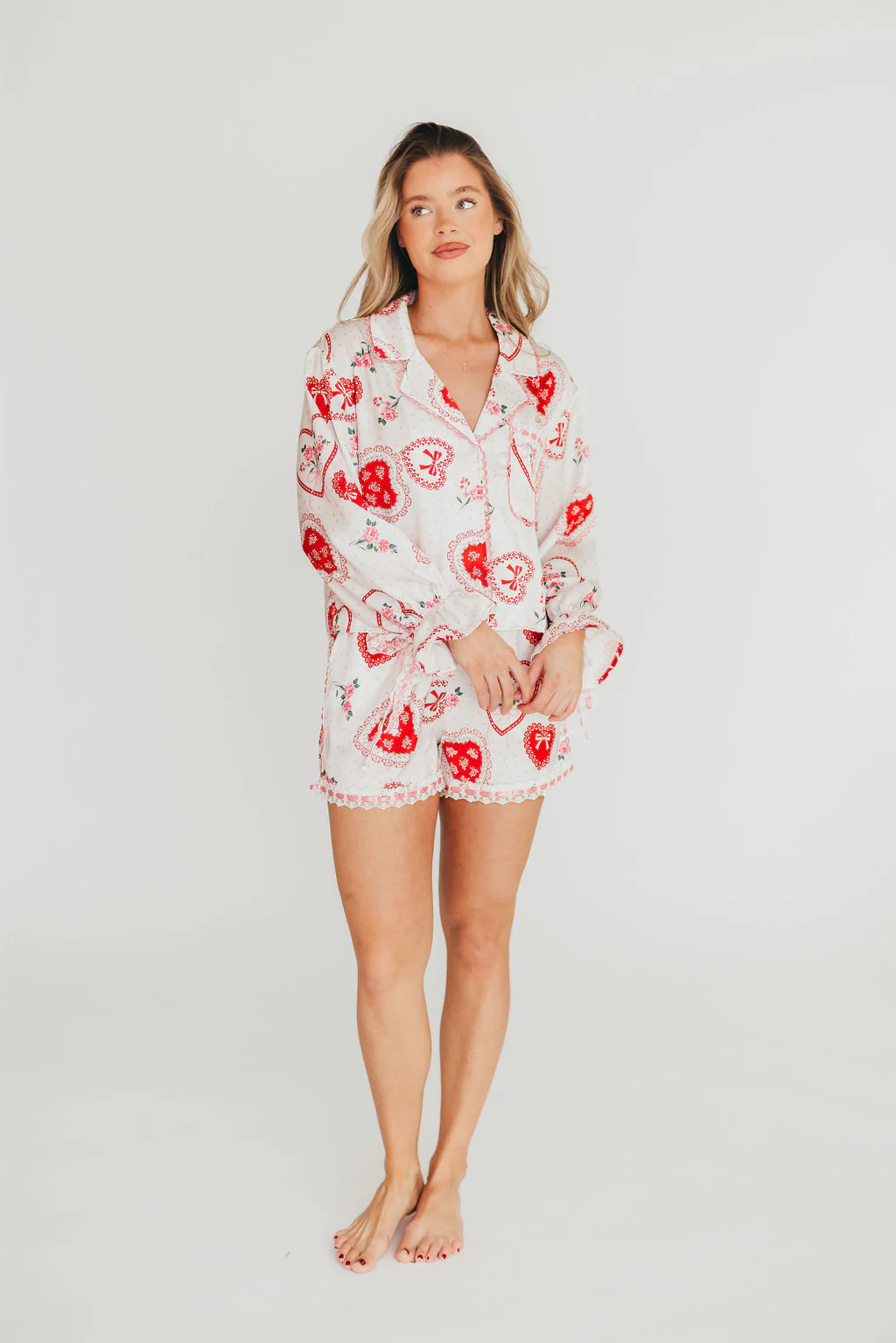 Amora Satin Pajama Set in White/Light Pink/Red - Fashionser