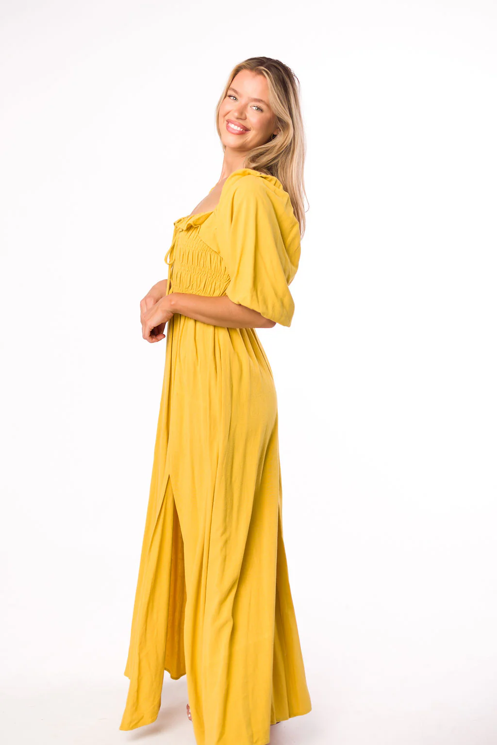 Devon Smocked Maxi Dress in Mustard - Bump Friendly - Fashionser